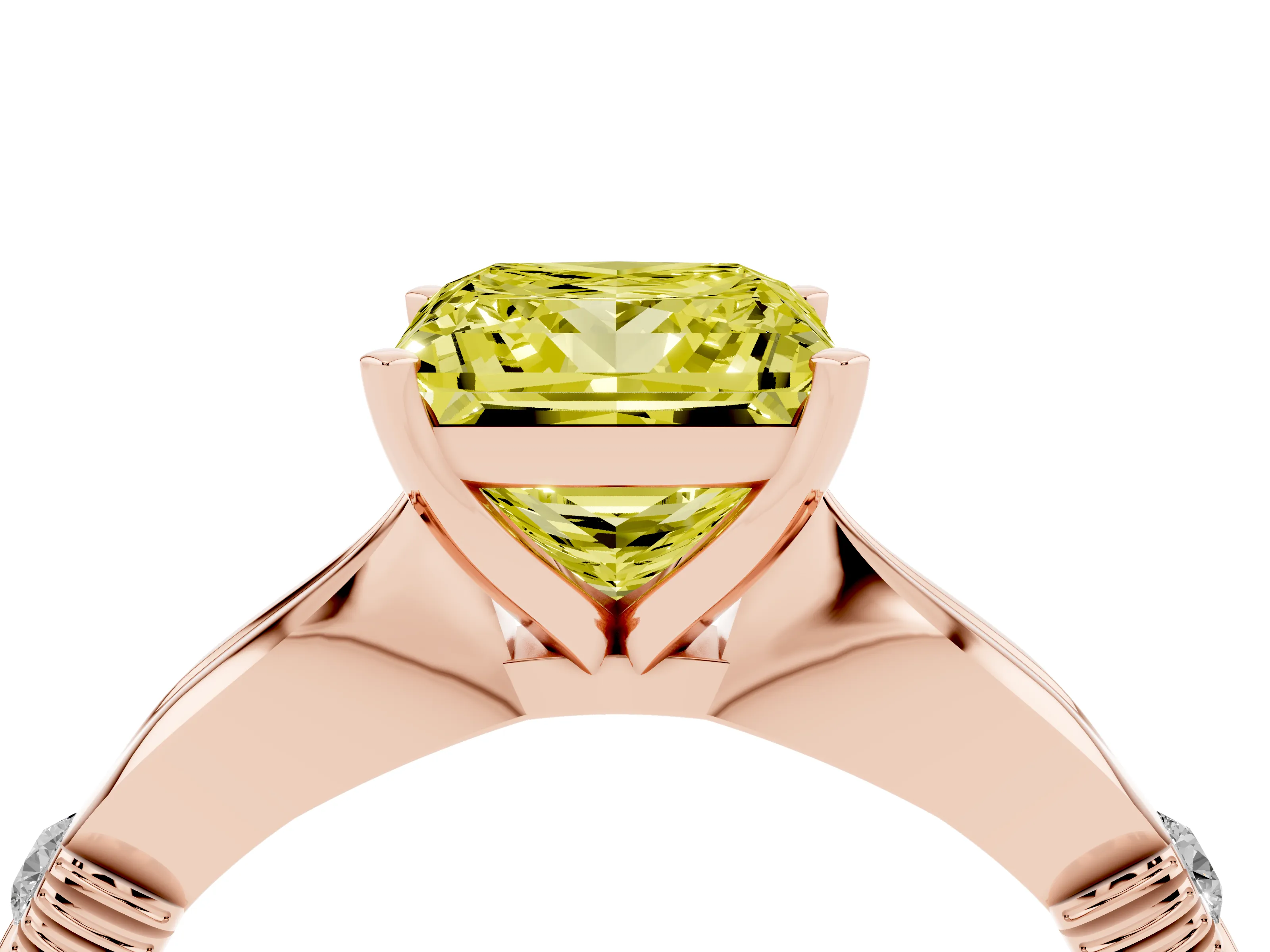 Fancy Yellow Princess Cut Diamond Solitaire Twisted Band Ring Set in Rose gold with Accent Stones and Prong Setting