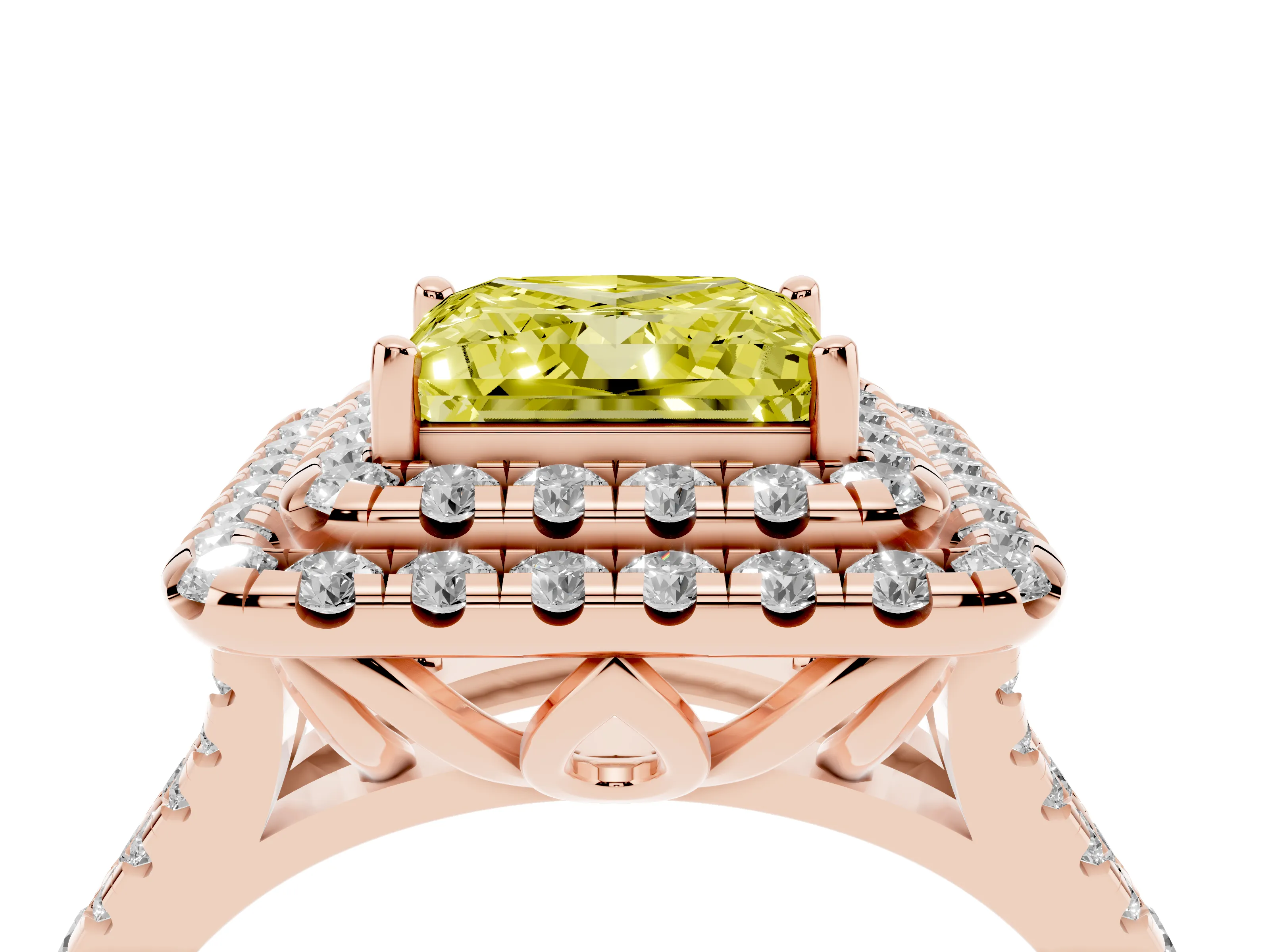 Fancy Yellow Princess Cut Diamond Double Halo Ring Set in Rose gold with Pavé Split Shank and Prong Setting