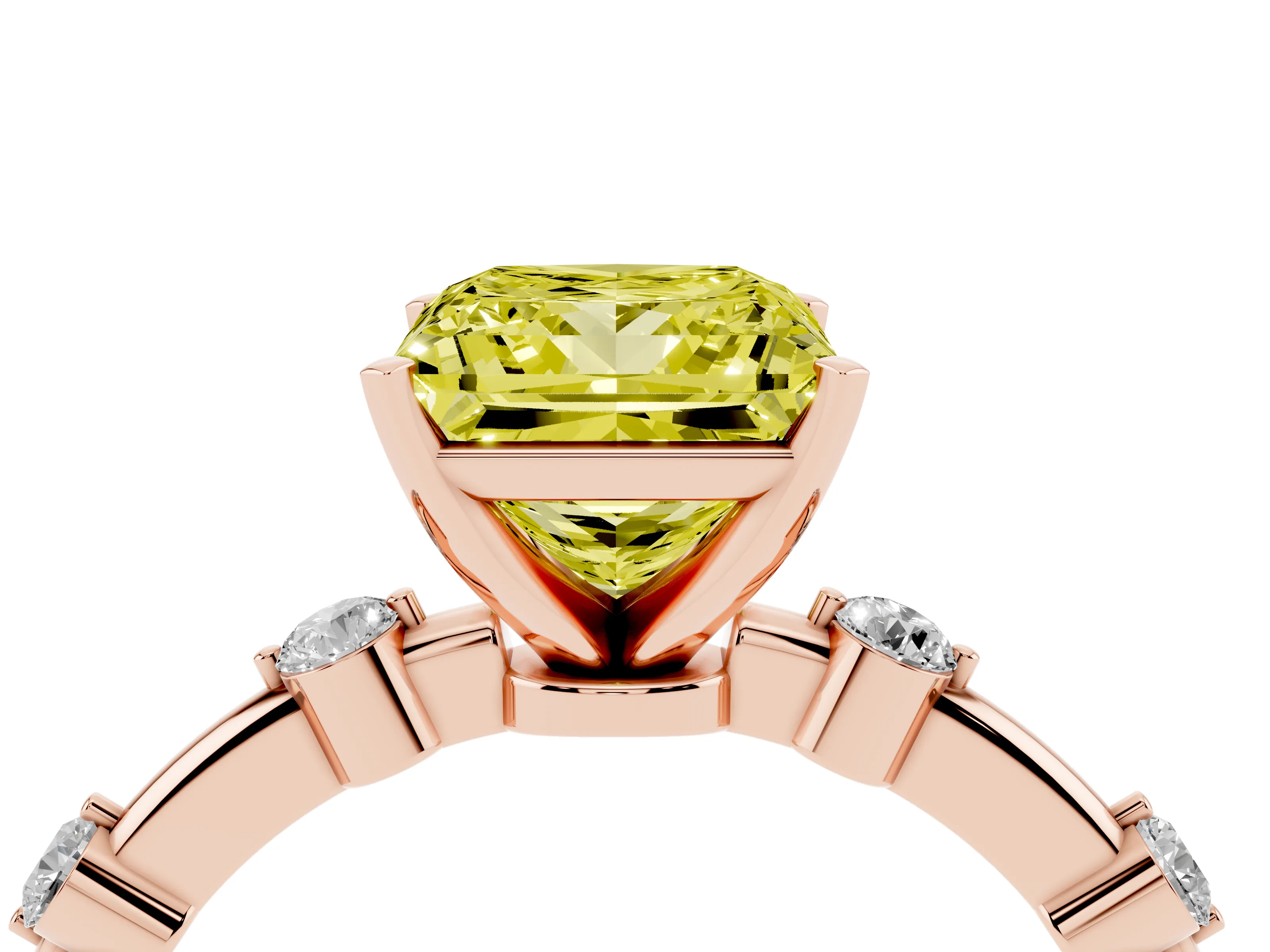 Fancy Yellow Princess Cut Diamond Solitaire Ring Set in Rose gold with Bezel Set Side Stones and Prong Setting