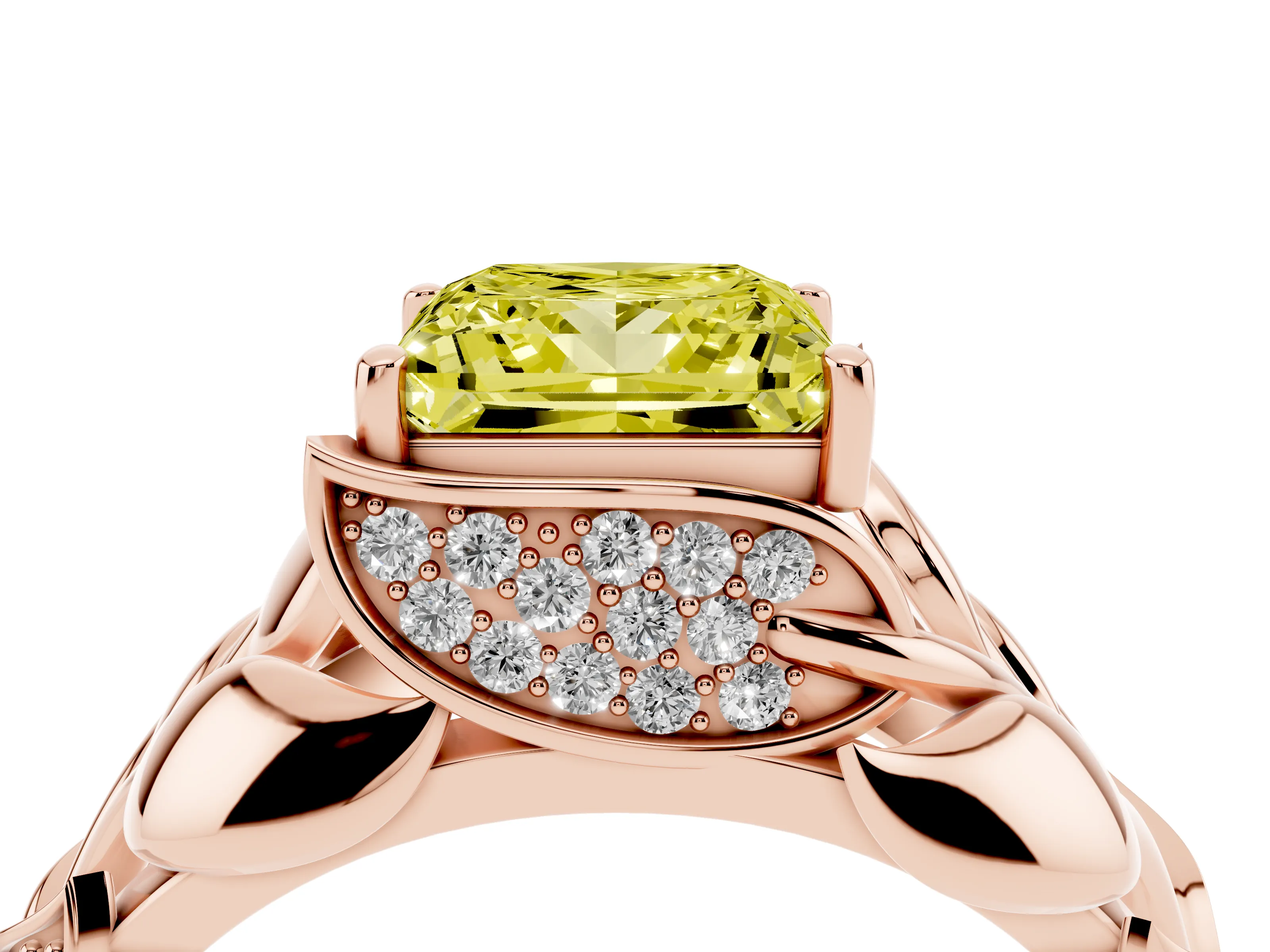Fancy Yellow Princess Cut Diamond Leaf-Inspired Engagement Ring Set in Rose gold with Round Accents