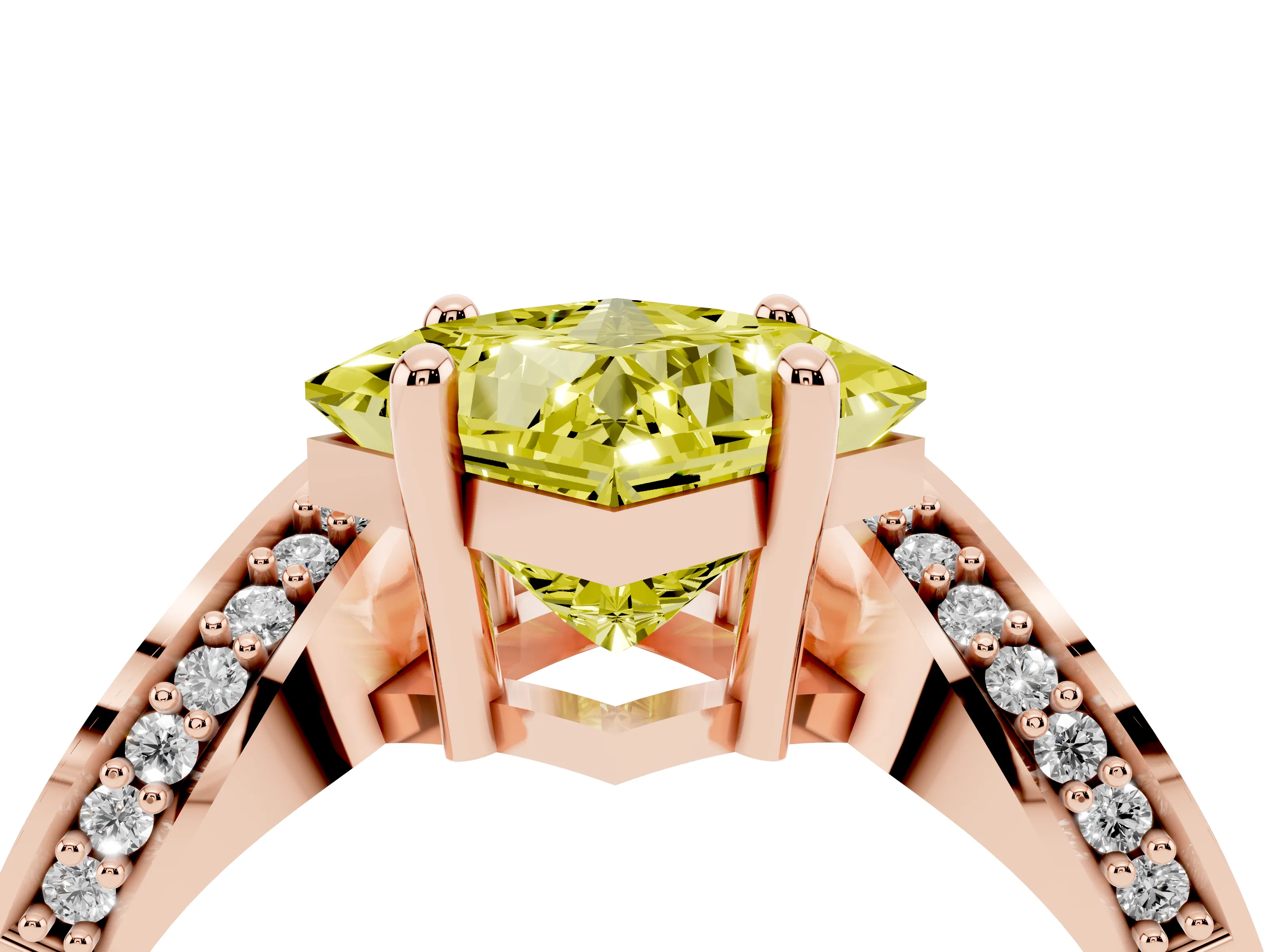 Fancy Yellow Princess Cut Diamond Solitaire Engagement Ring Set in Rose gold with Pavé Shoulders