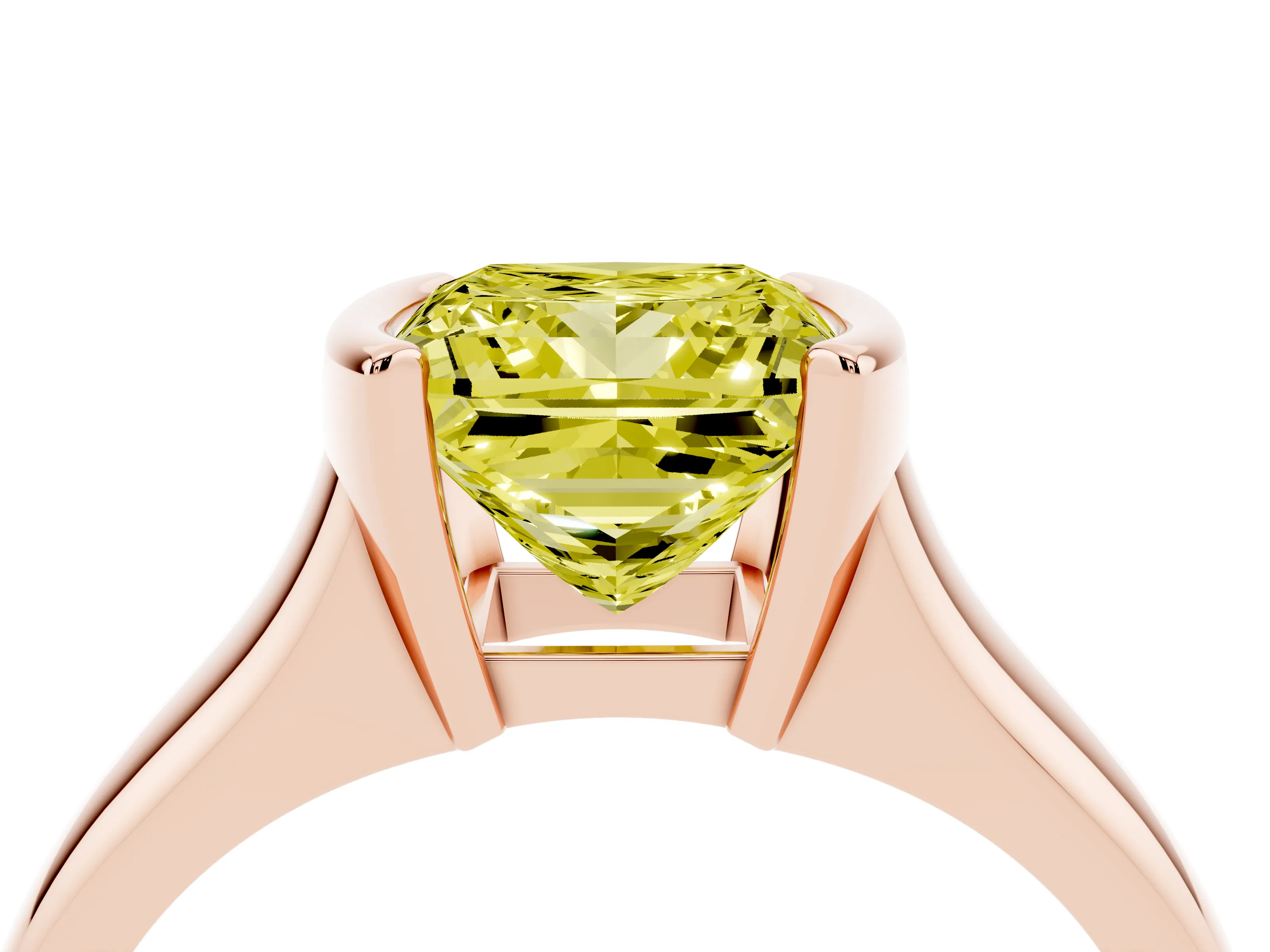 Fancy Yellow Princess Cut Diamond Solitaire Tension Set Ring Set in Rose gold with Split Shank Band