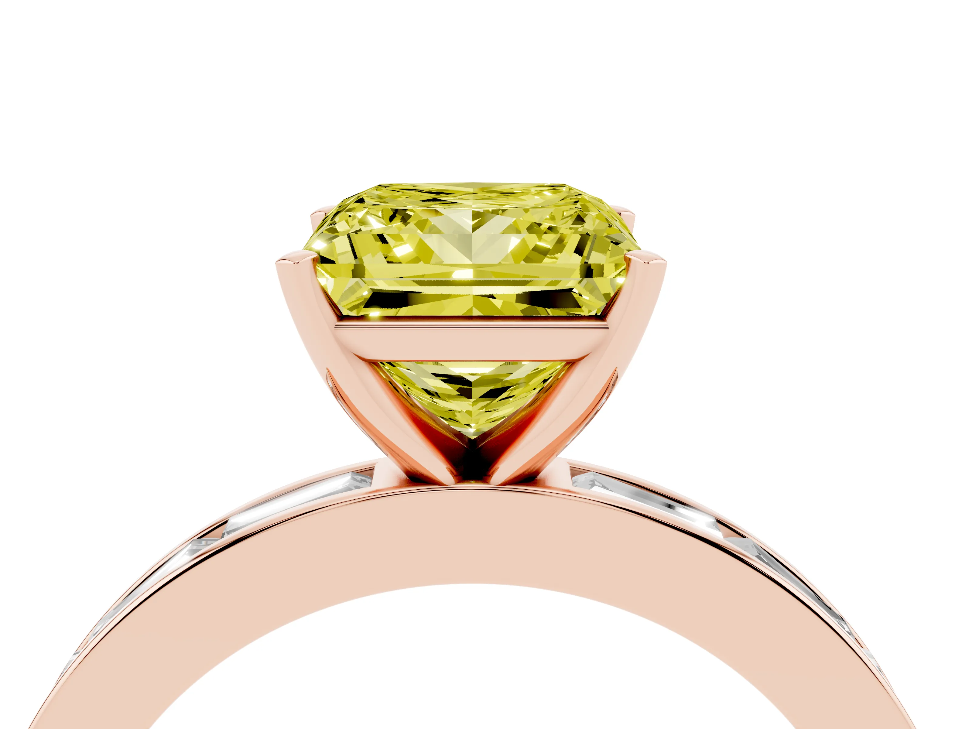 Fancy Yellow Princess Cut Diamond Solitaire Ring Set in Rose gold with Channel-Set Baguette Band and Prong Setting