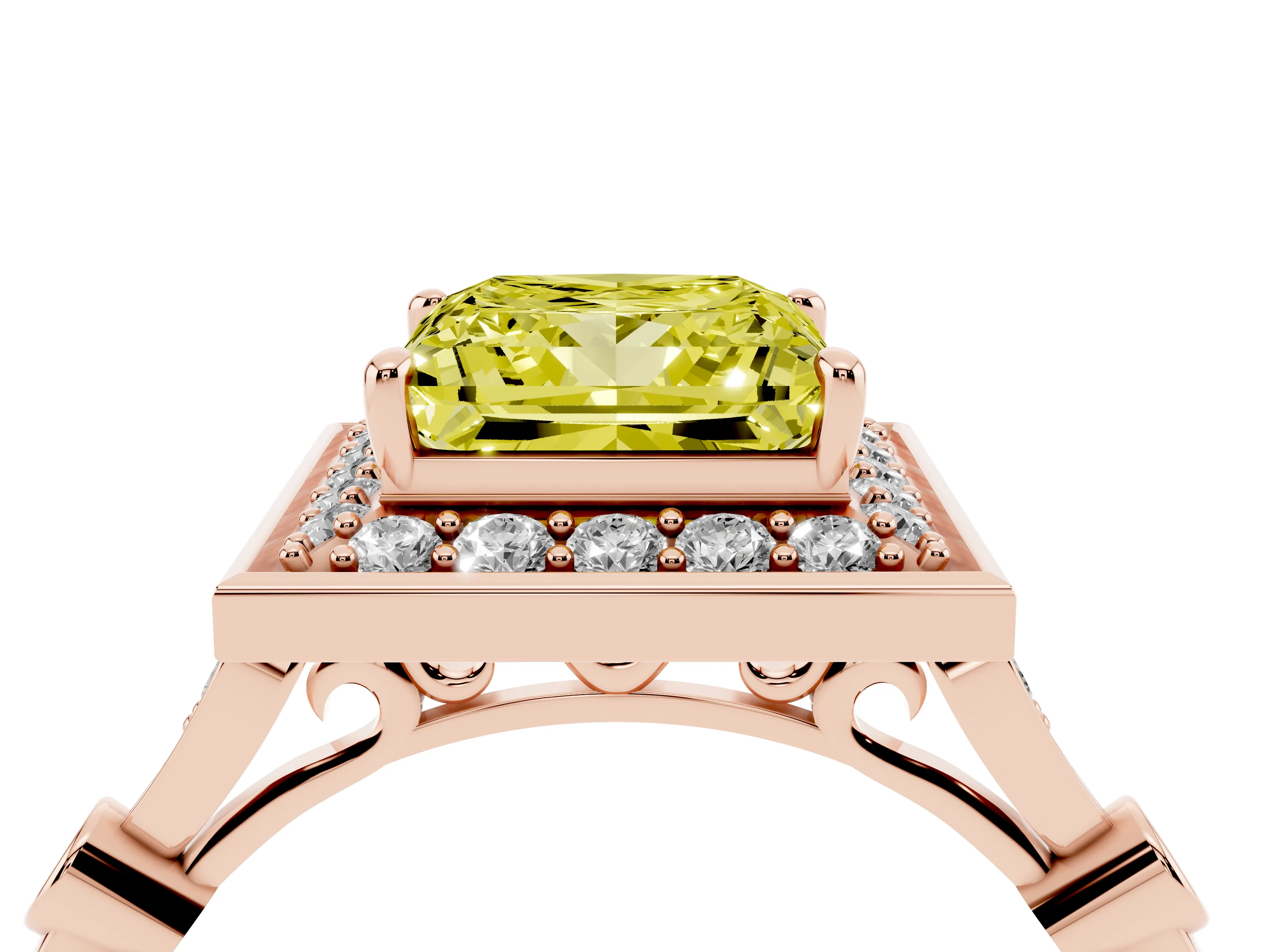 Fancy Yellow Princess Cut Diamond Halo Engagement Ring Set in Rose gold with Twisted Band and Prong Setting