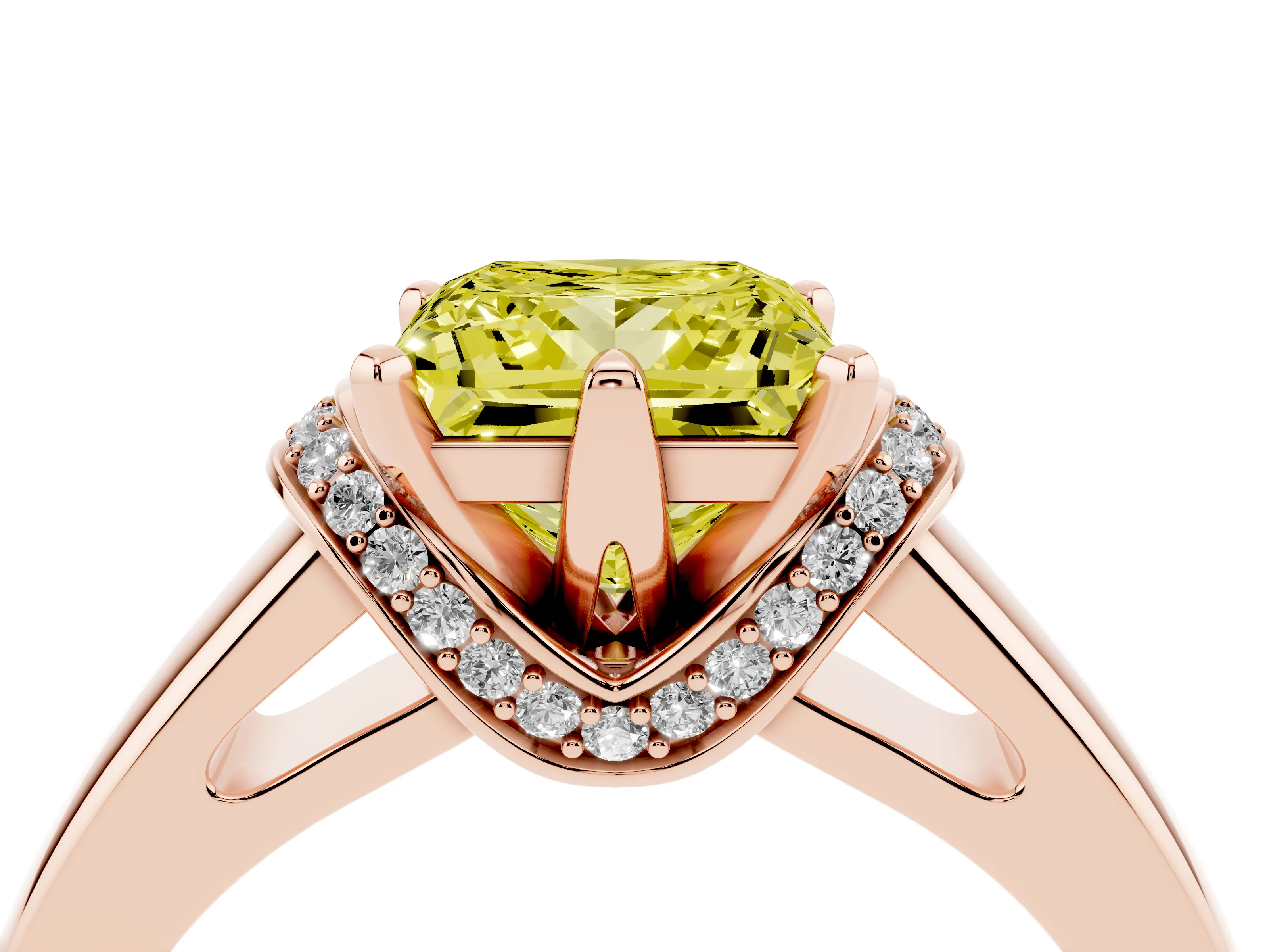 Fancy Yellow Princess Cut Diamond Pavé Band Solitaire Ring Set in Rose gold with Prong Setting