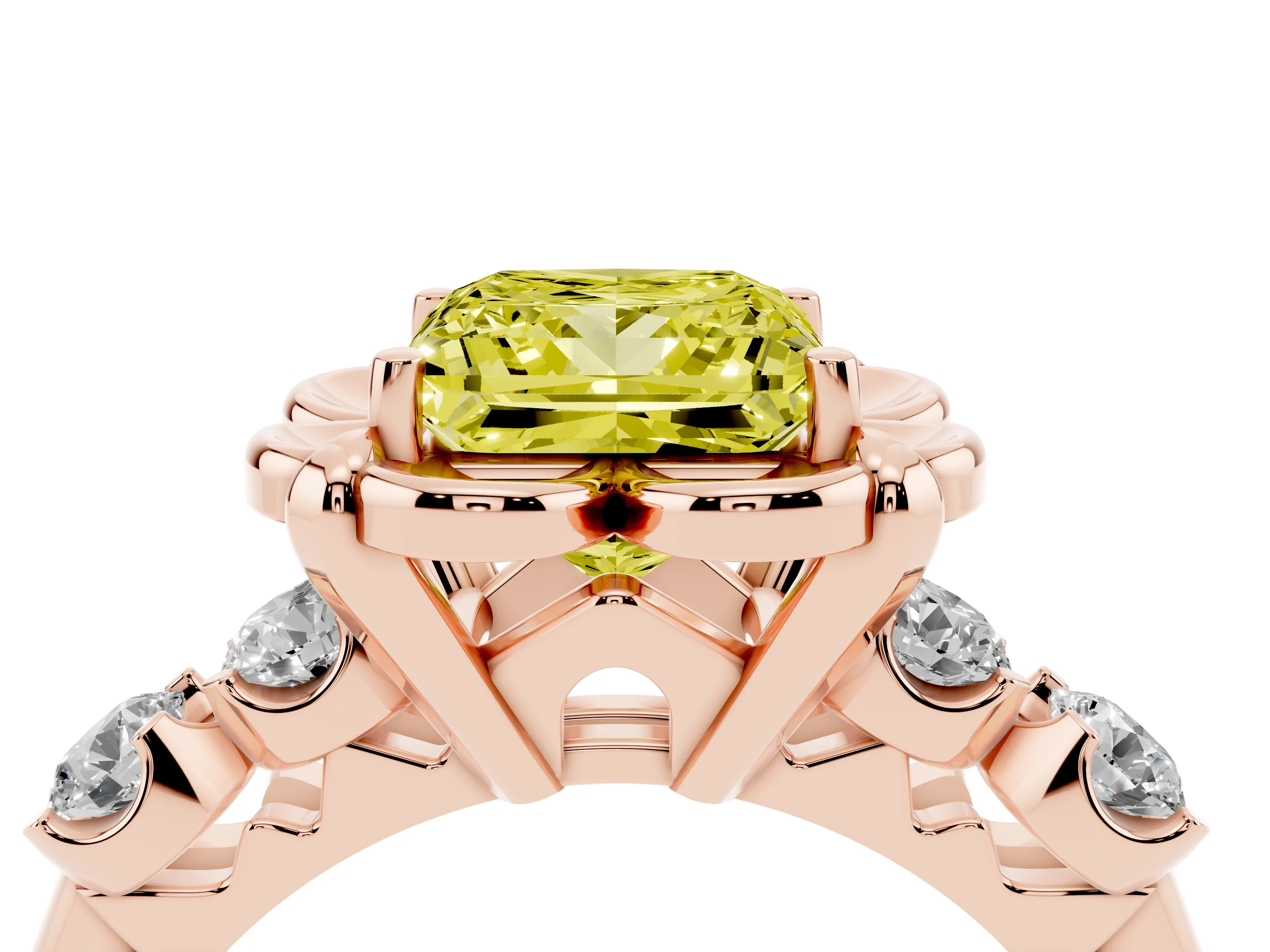 Fancy Yellow Princess Cut Diamond Floral Halo Ring Set in Rose gold with Shared Prong Band