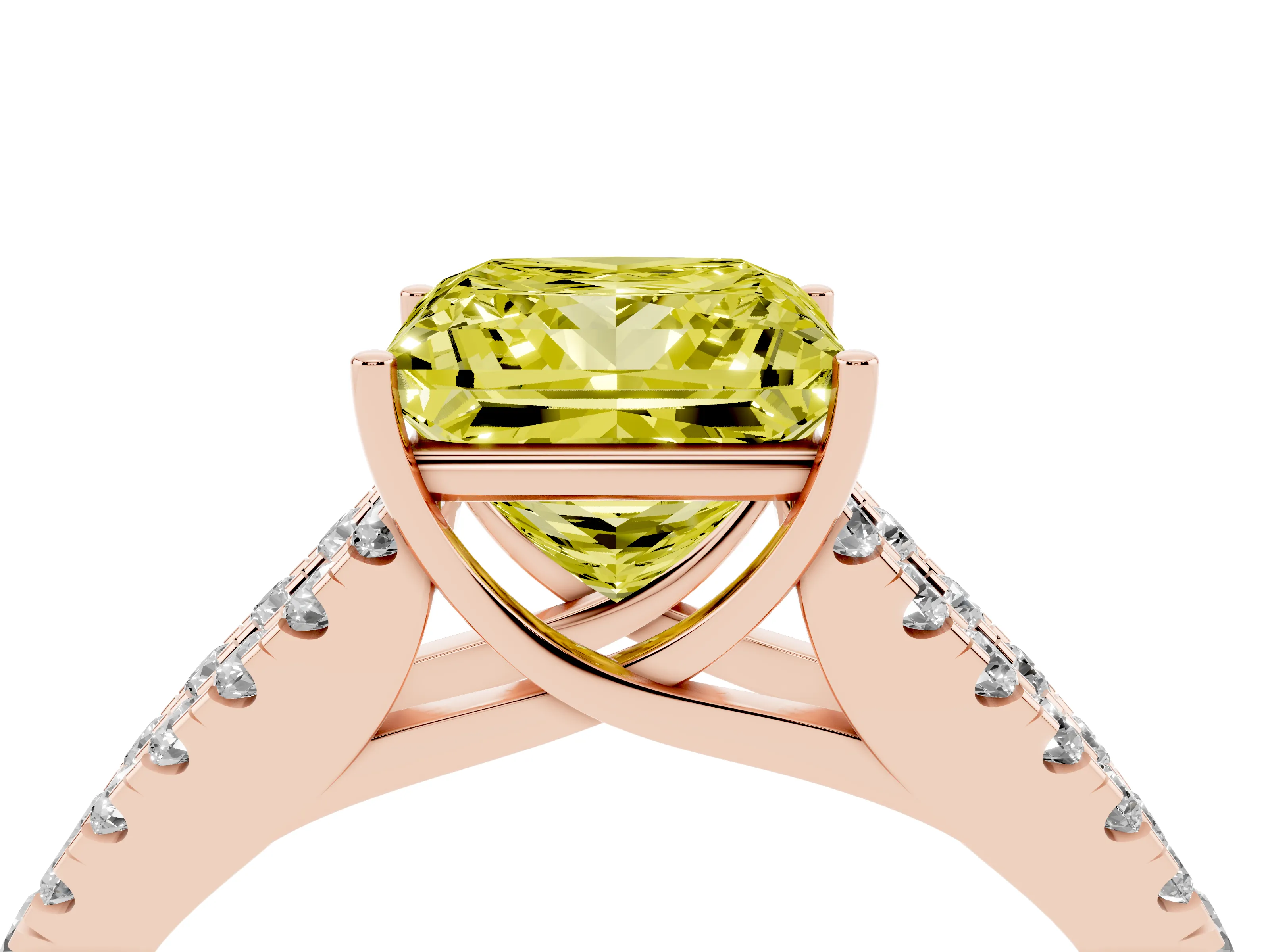 Fancy Yellow Princess Cut Diamond Split Shank Pavé Engagement Ring Set in Rose gold with Prong-Held Center Stone