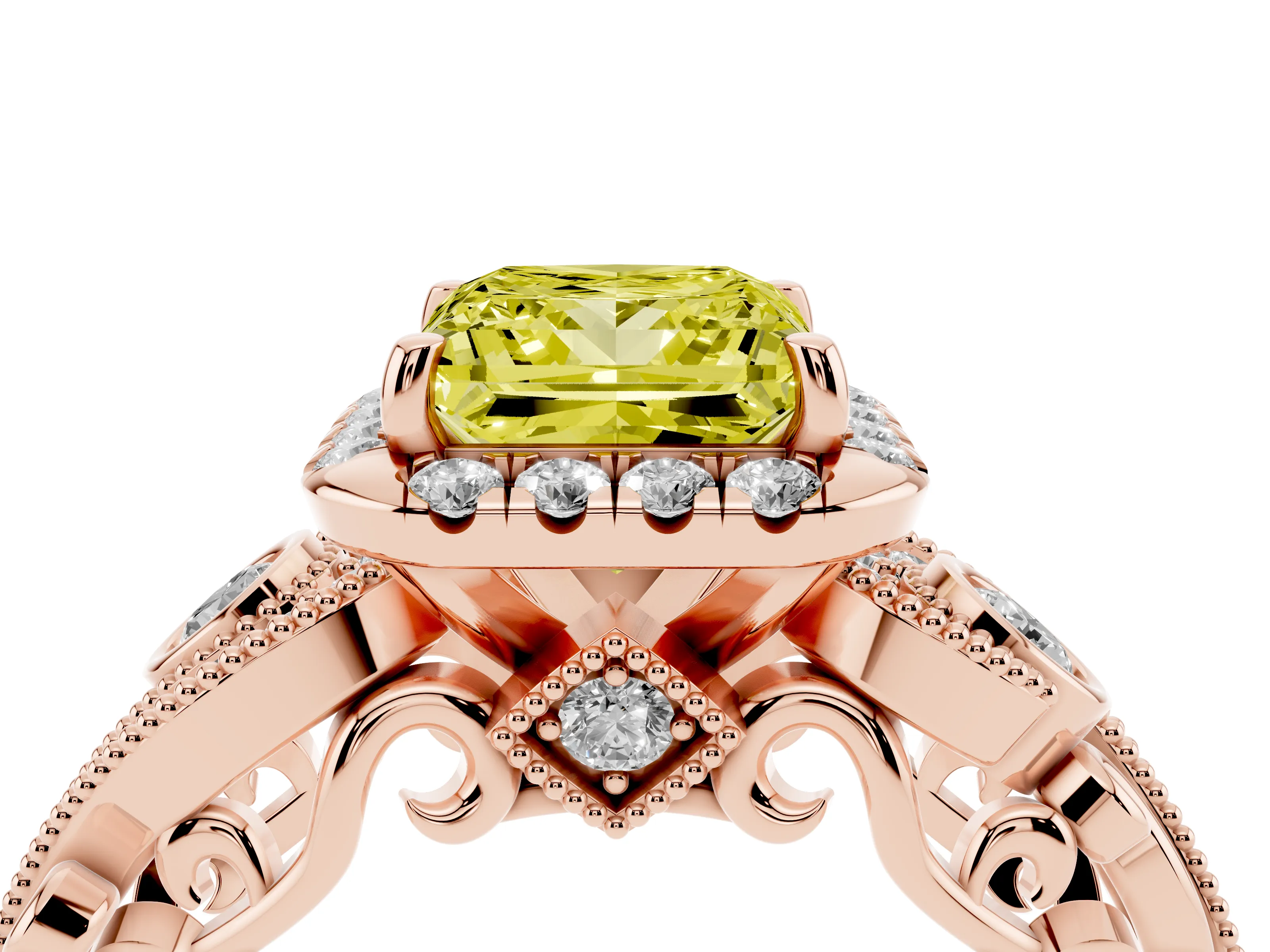 Fancy Yellow Princess Cut Diamond Halo Ring Set in Rose gold with Milgrain Pavé Band and Prong Setting