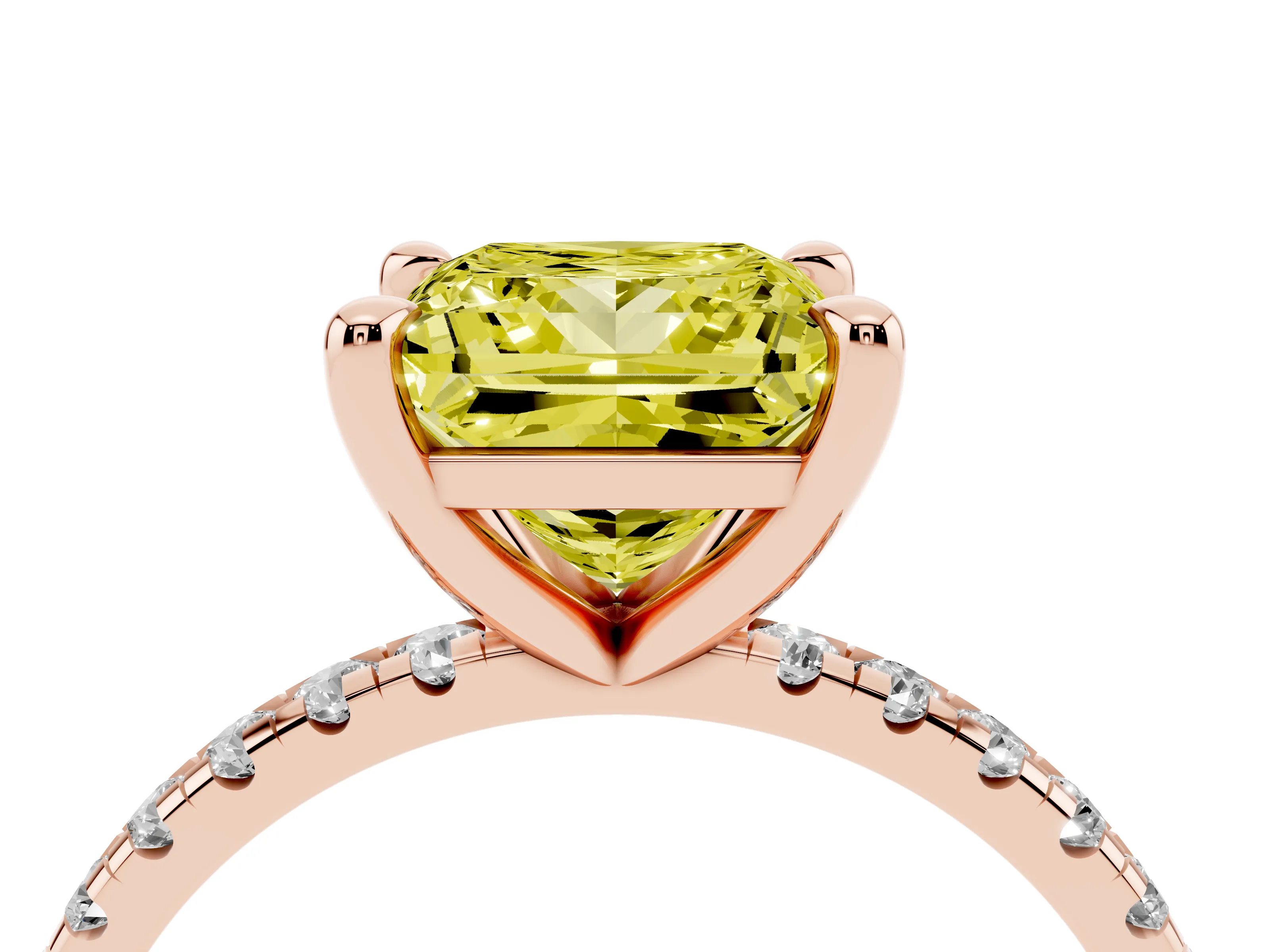Fancy Yellow Princess Cut Diamond Brilliant Solitaire Ring Set in Rose gold with Pavé Band and Prong Setting