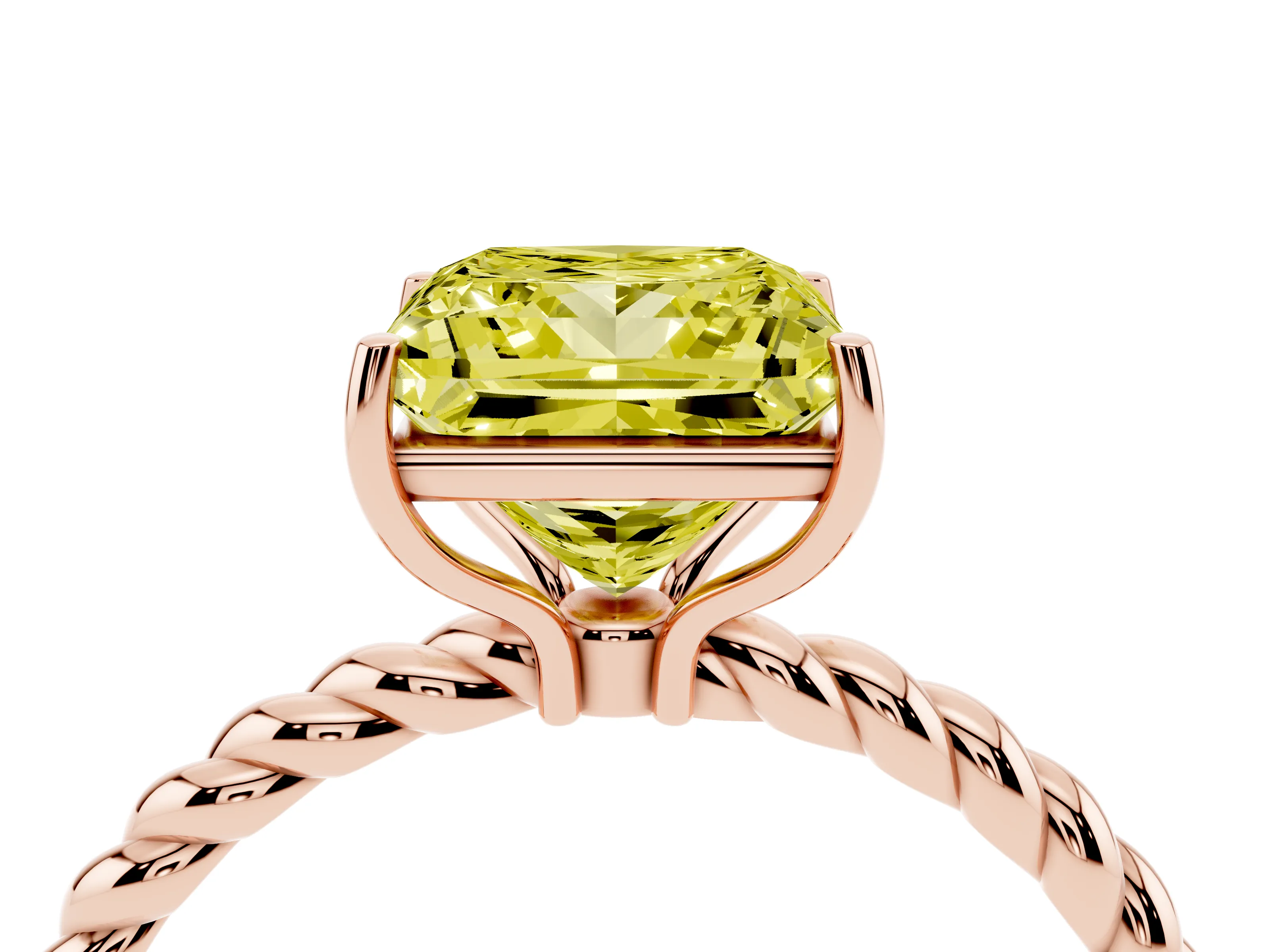 Fancy Yellow Princess Cut Diamond Solitaire Ring Set in Rose gold with Twist Band and Prong Setting