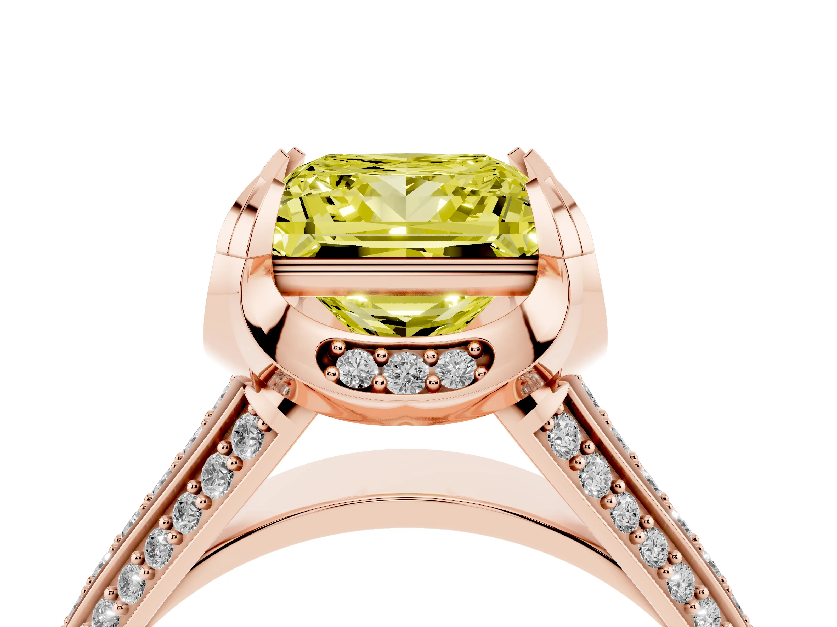 Fancy Yellow Princess Cut Diamond Pavé Split Shank Solitaire Ring Set in Rose gold with Prong Setting
