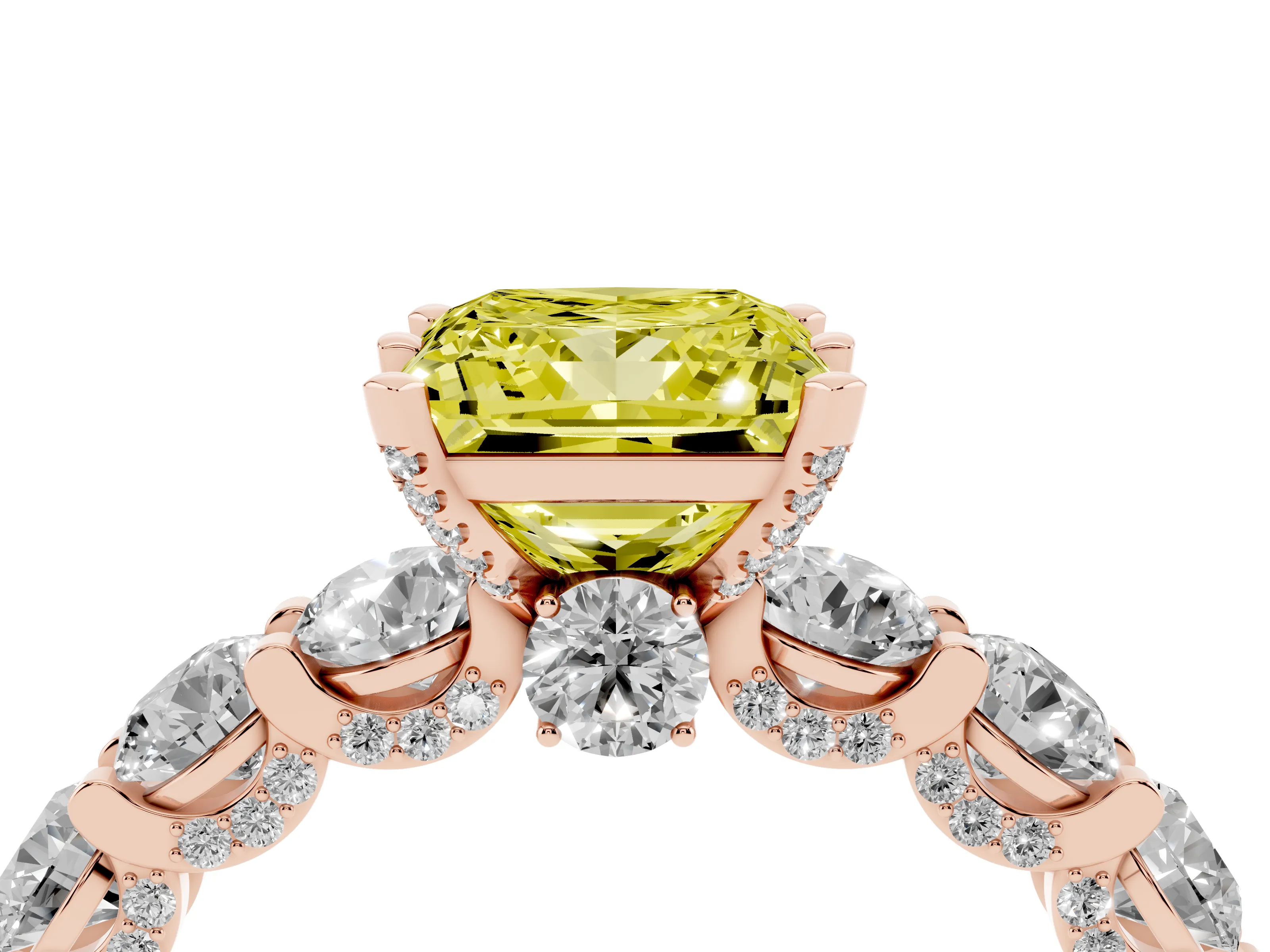Fancy Yellow Princess Cut Diamond Side Stone Ring Set in Rose gold with Alternating Round and Oval Side Stones
