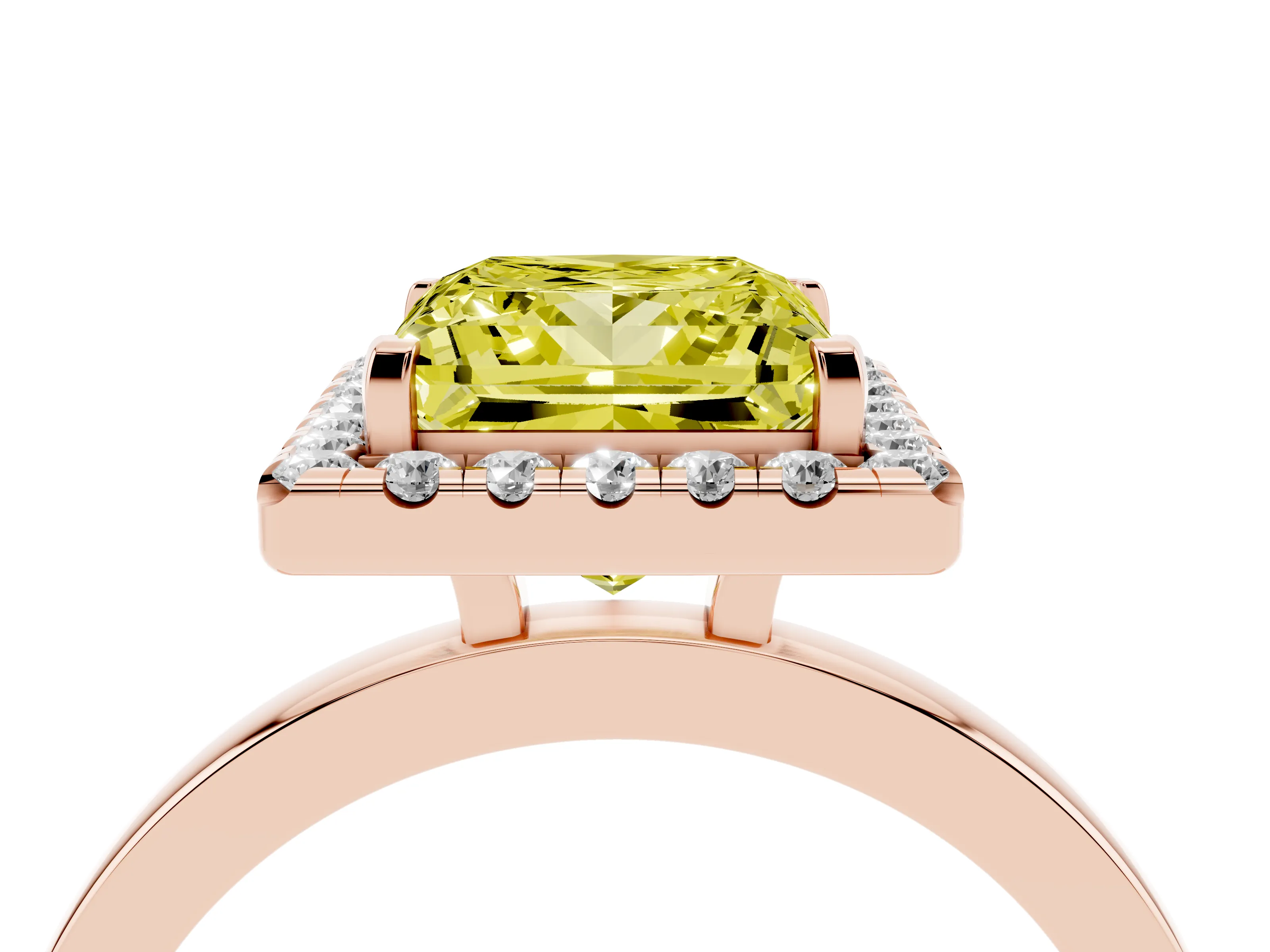 Fancy Yellow Princess Cut Diamond Halo Solitaire Ring Set in Rose gold with Pavé Band and Prong Setting