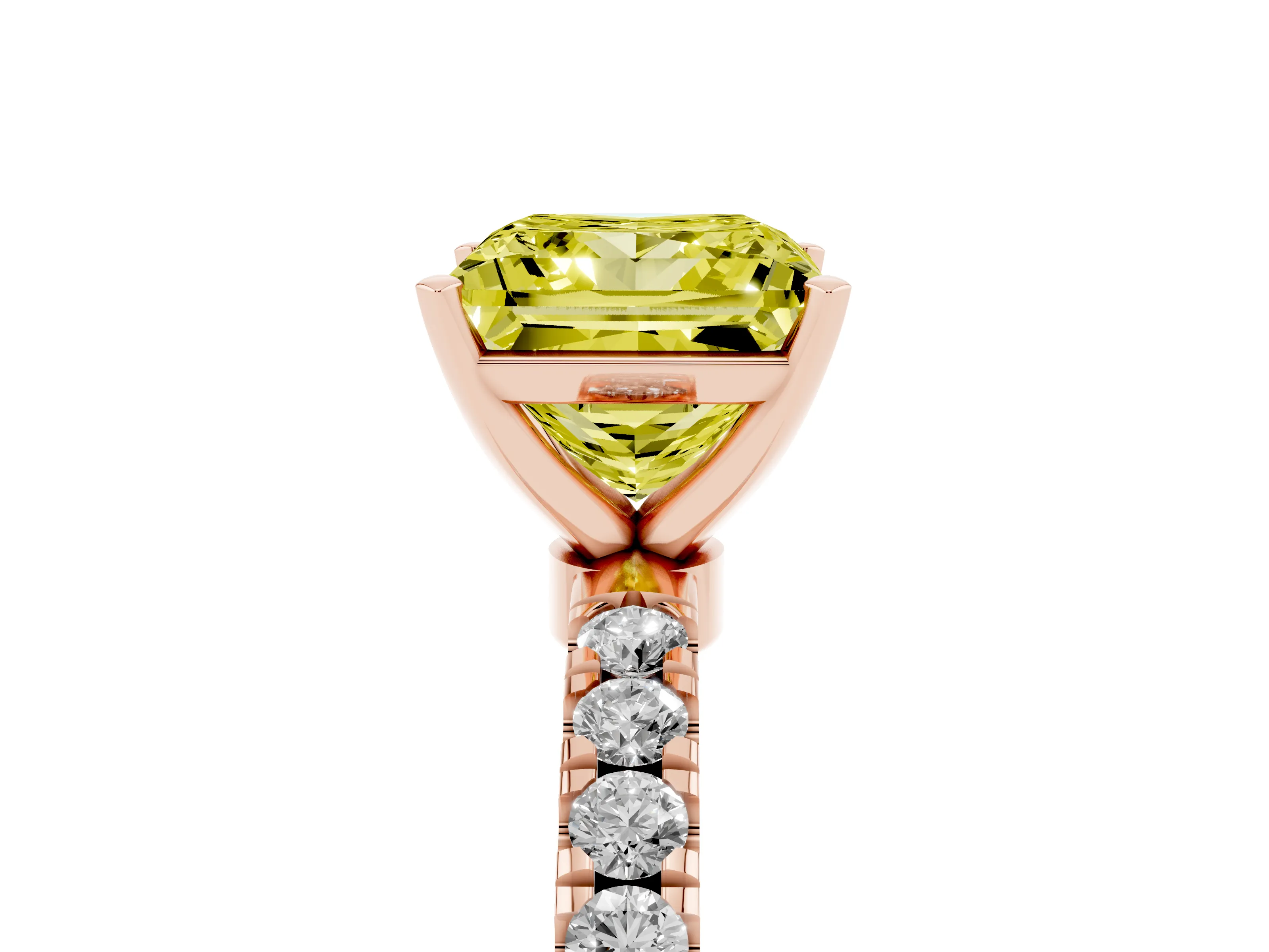 Fancy Yellow Princess Cut Diamond Solitaire Ring Set in Rose gold with Pavé Accents and Prong Setting