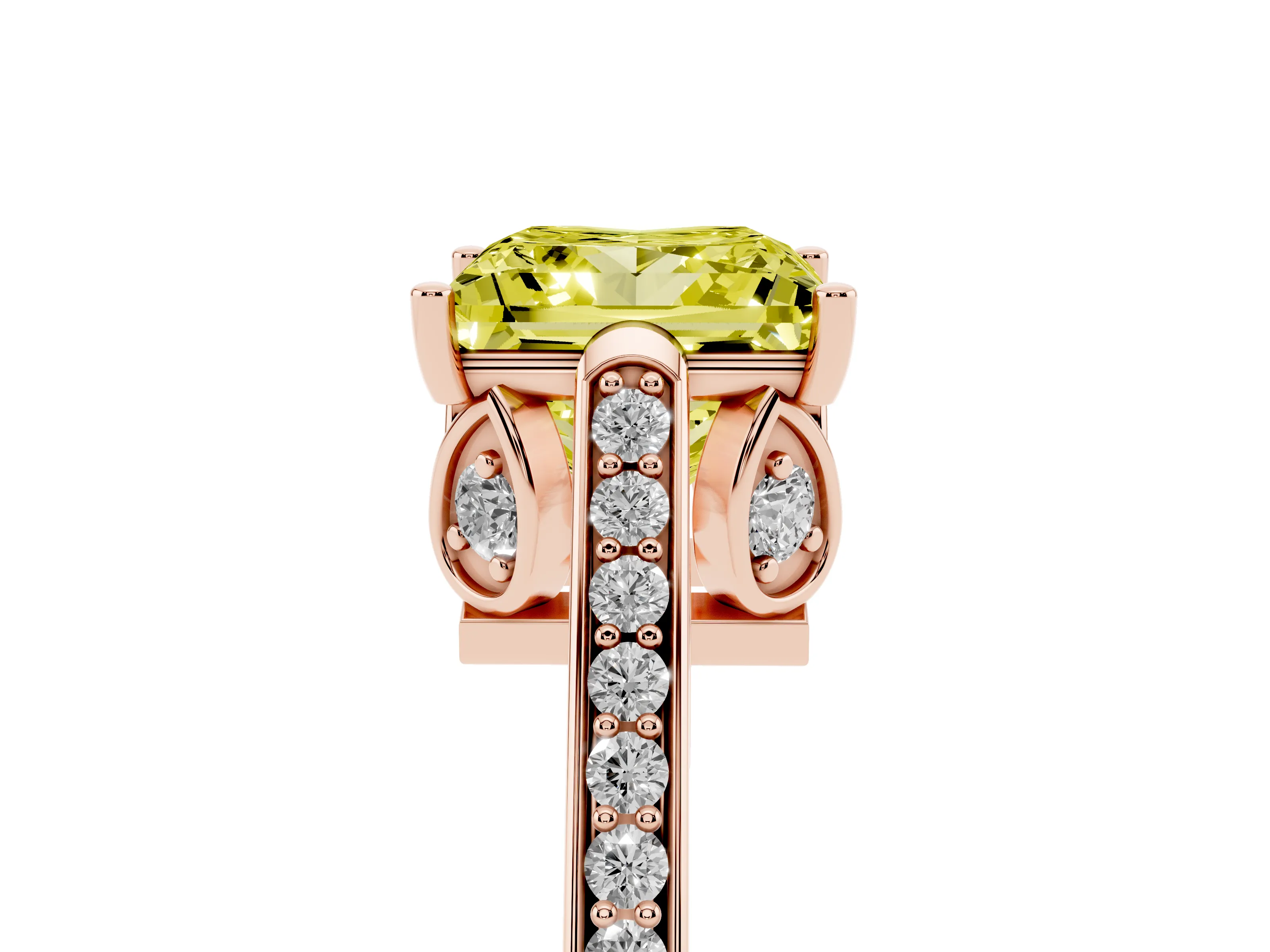 Fancy Yellow Princess Cut Diamond Cathedral Pavé Engagement Ring Set in Rose gold with Prong Setting
