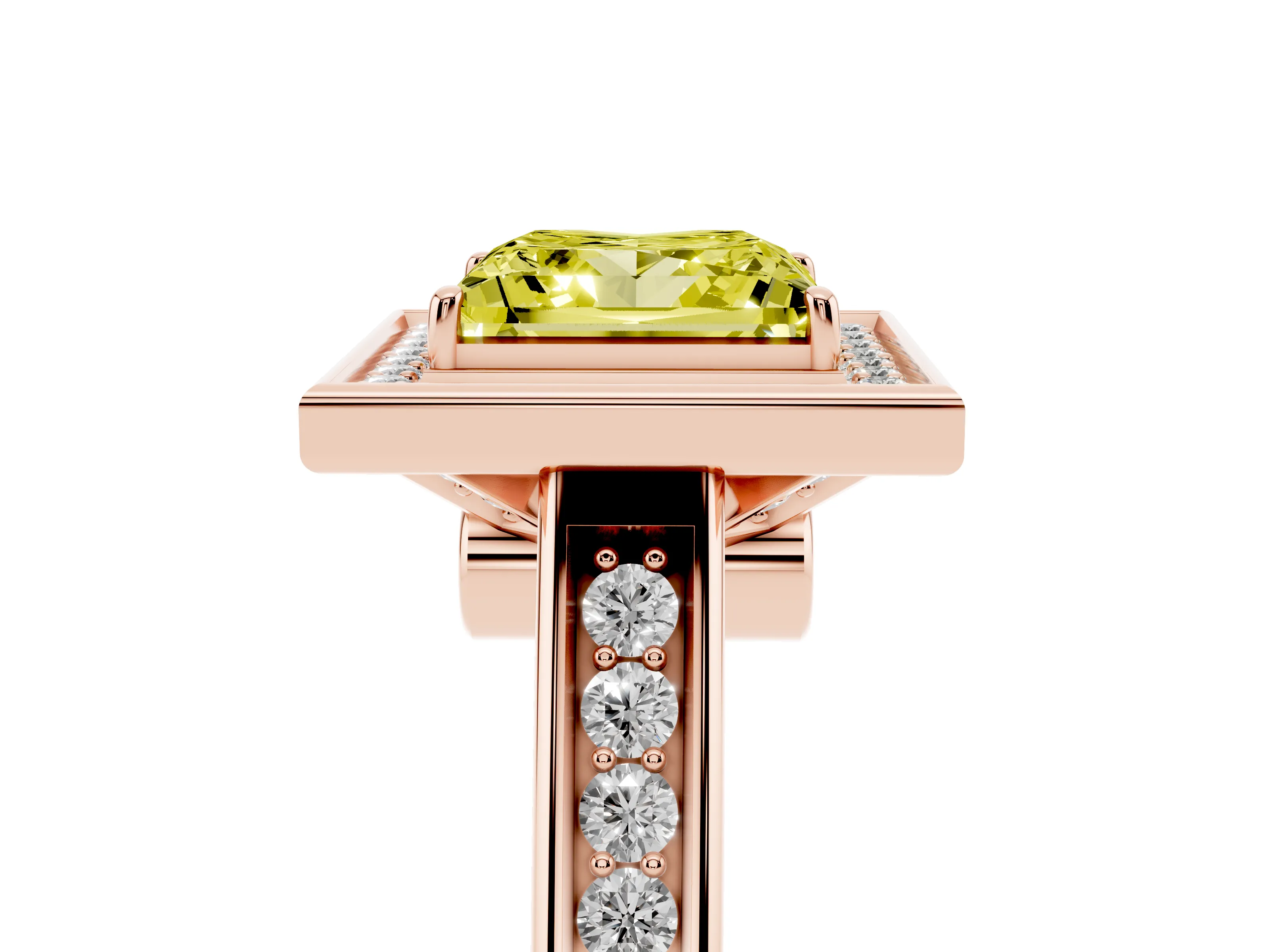 Fancy Yellow Princess Cut Diamond Halo Solitaire Ring Set in Rose gold with Pavé Band and Bezel Setting