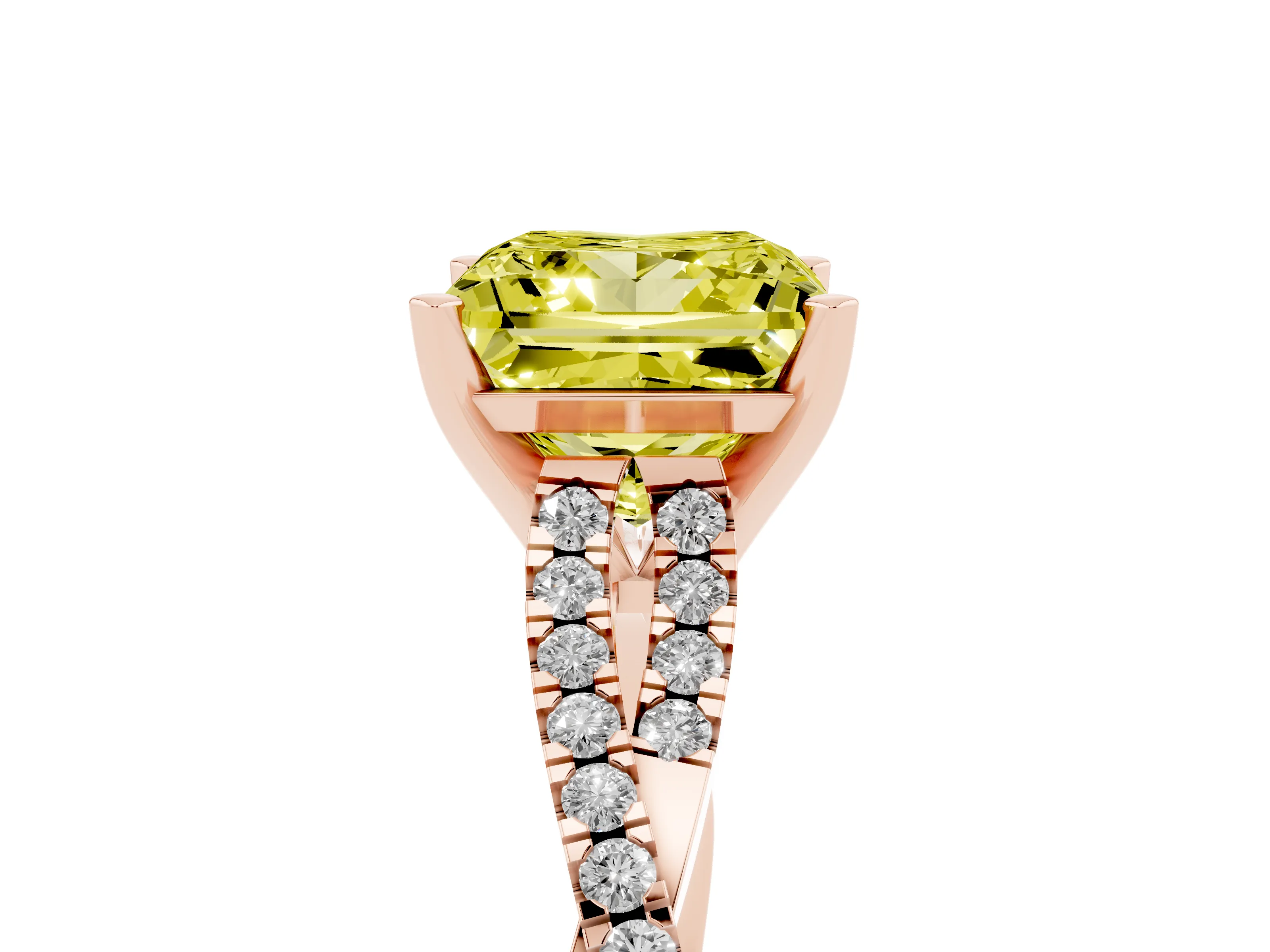 Fancy Yellow Princess Cut Diamond Solitaire Engagement Ring Set in Rose gold with Twisted Pavé Band and Prong Setting