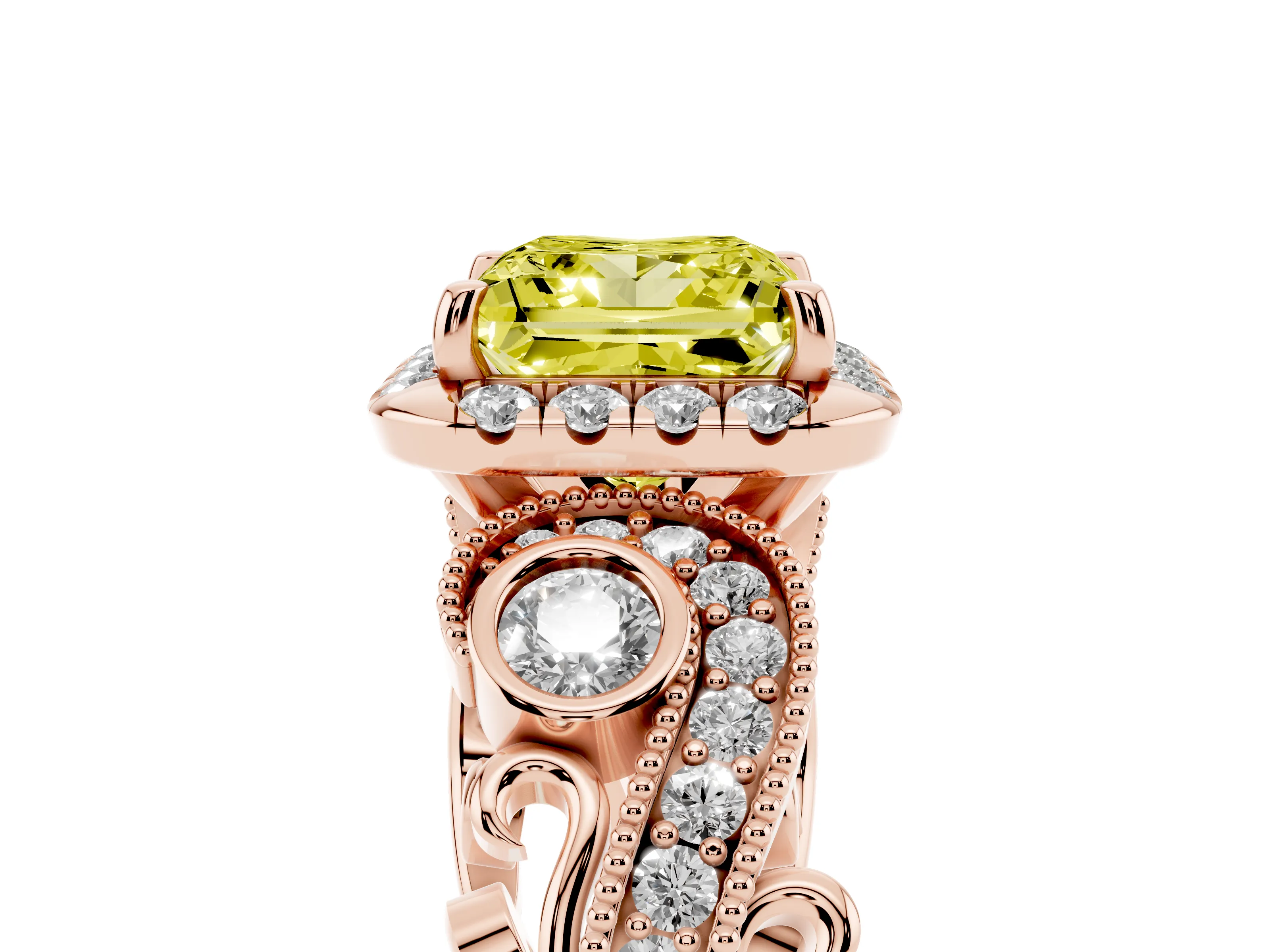 Fancy Yellow Princess Cut Diamond Halo Ring Set in Rose gold with Milgrain Pavé Band and Prong Setting