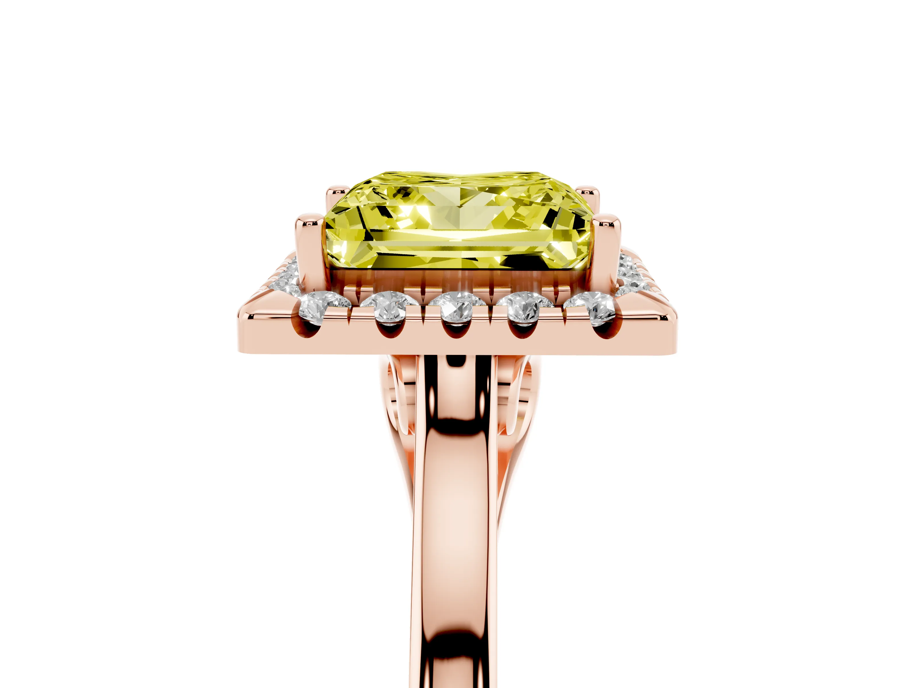 Fancy Yellow Princess Cut Halo Round Diamond Solitaire Ring Set in Rose gold with Pavé Band and Prong Setting