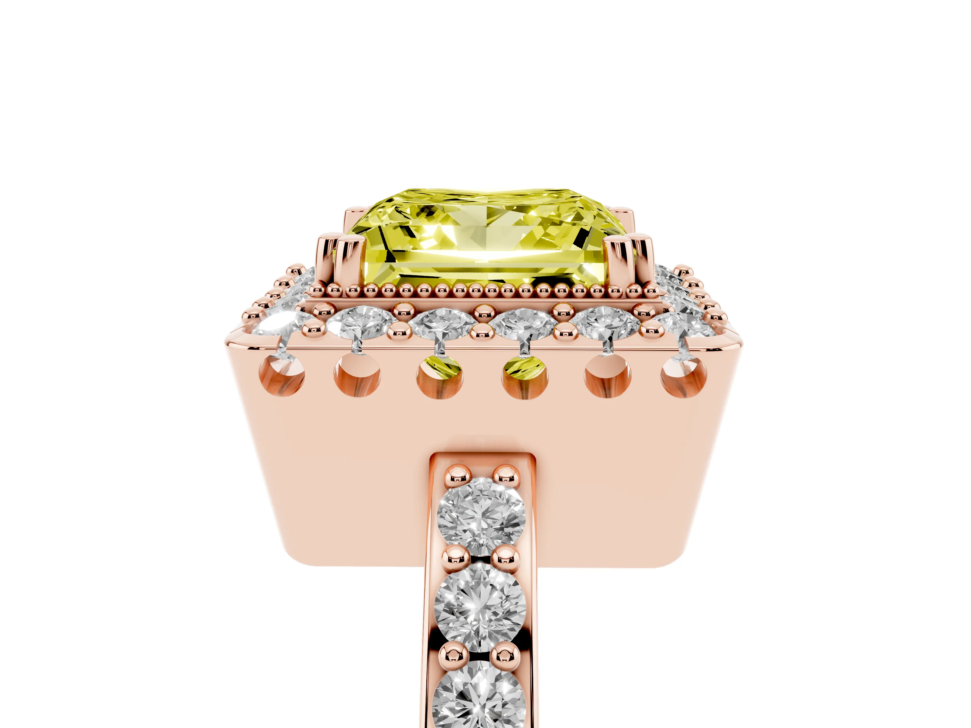 Fancy Yellow Princess Cut Diamond Halo Ring Set in Rose gold with Pavé Shank and Prong Setting