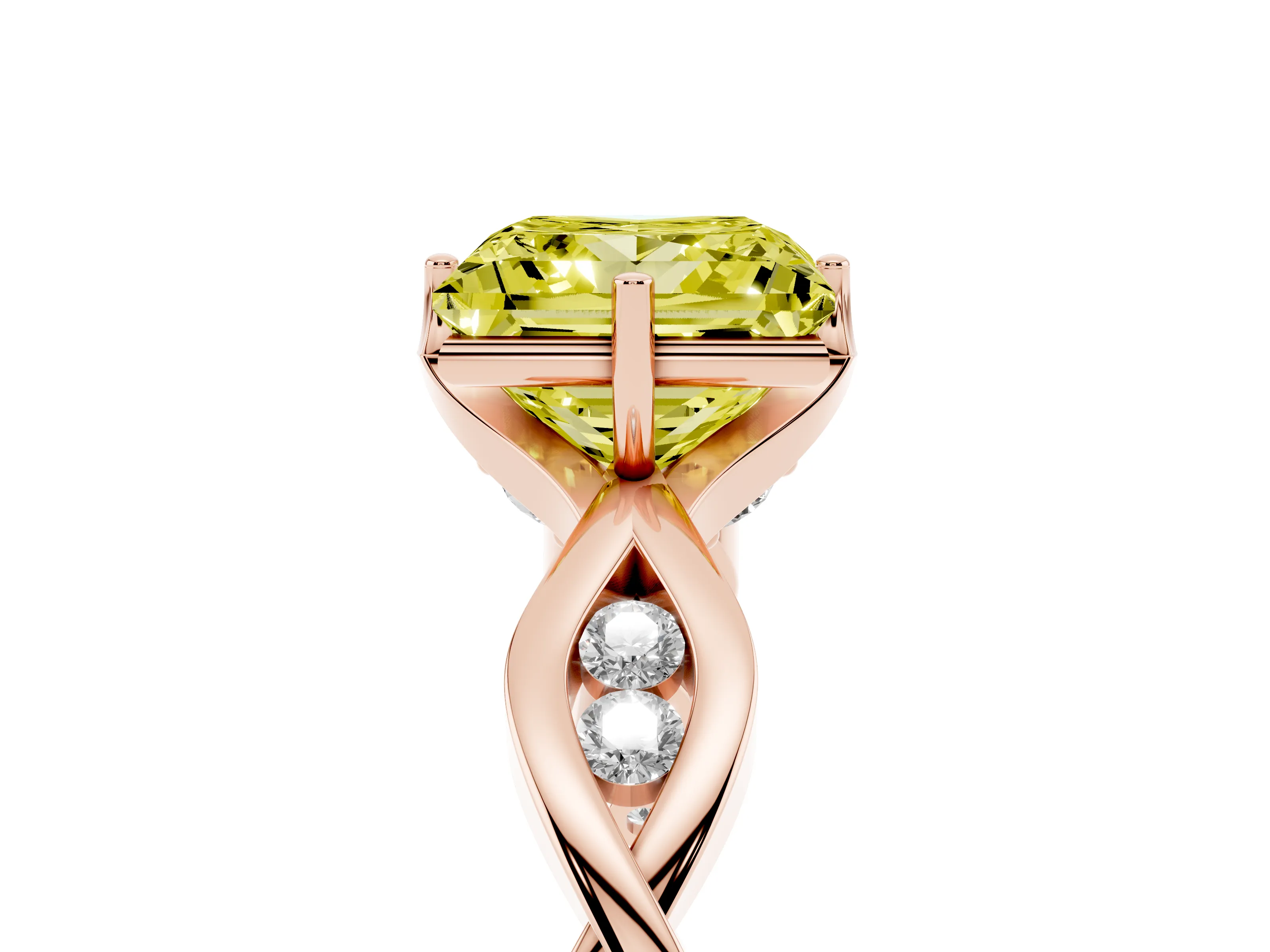 Fancy Yellow Princess Cut Diamond Twist Band Solitaire Ring Set in Rose gold with Leaf Prong Setting and Accent Stones