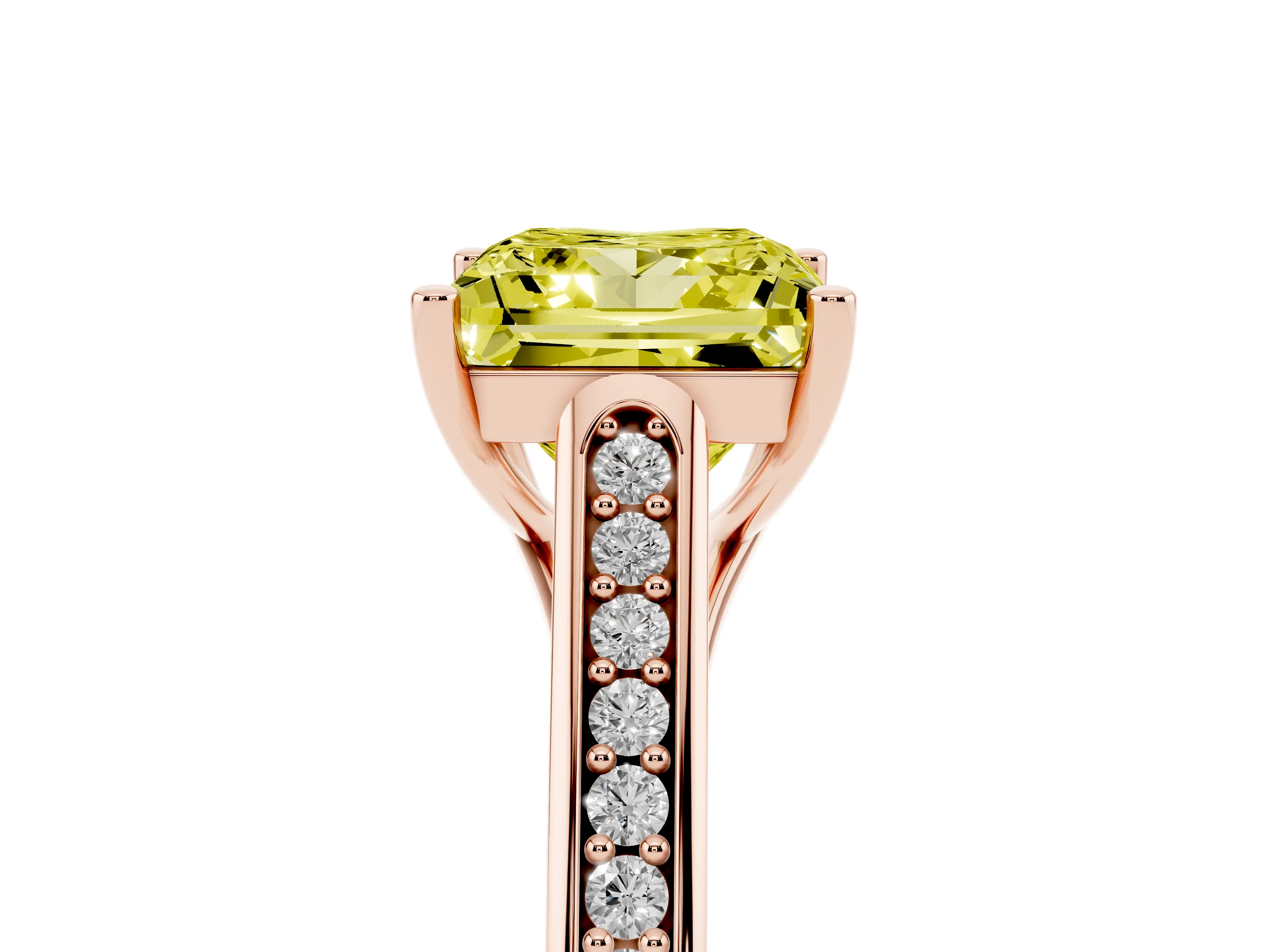 Fancy Yellow Princess Cut Diamond Solitaire Cathedral Engagement Ring Set in Rose gold with Channel-Set Band and Prong Setting