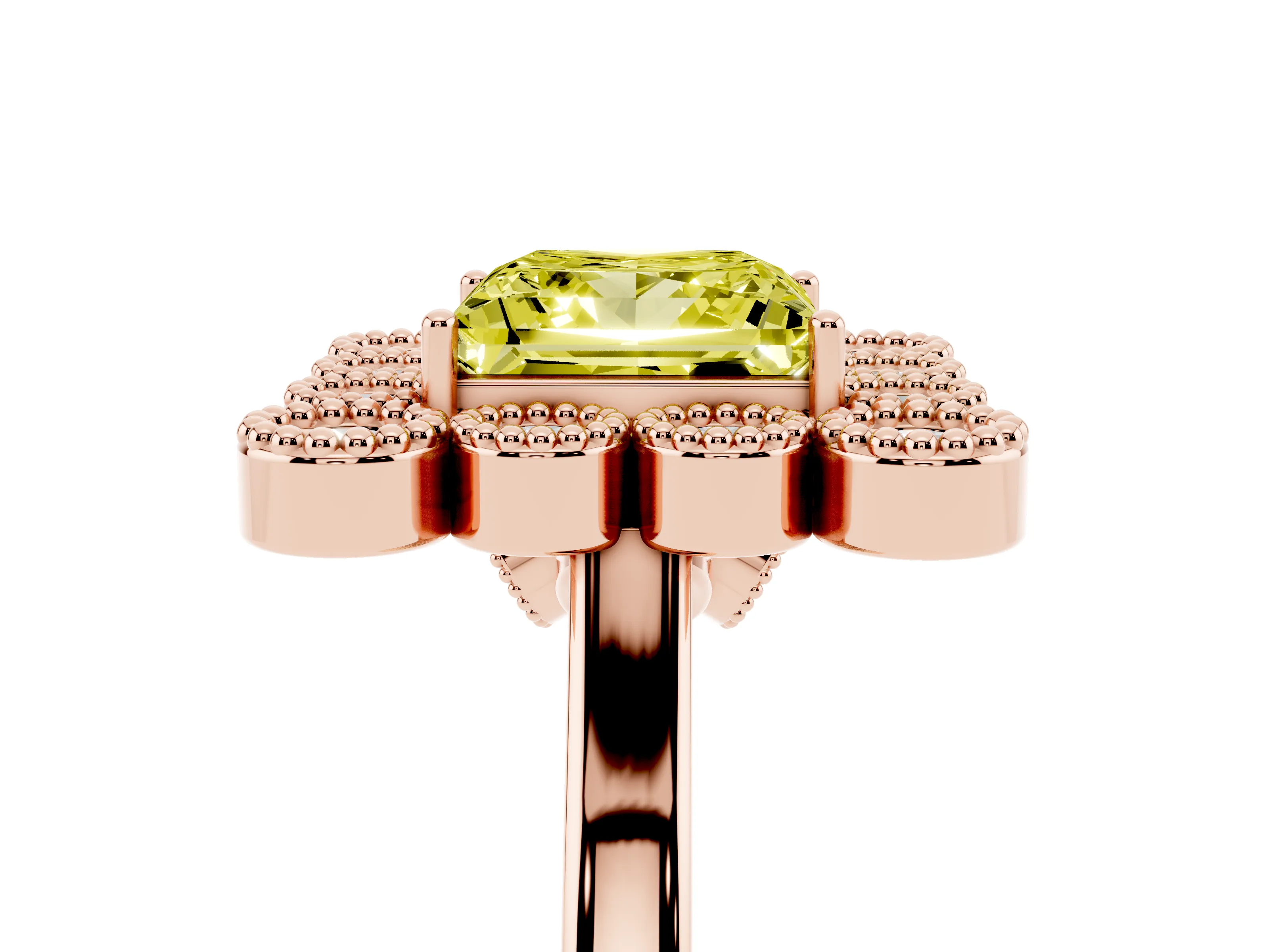 Fancy Yellow Princess Cut Diamond Cluster Halo Ring Set in Rose gold with Milgrain Bezel Accents and Plain Band
