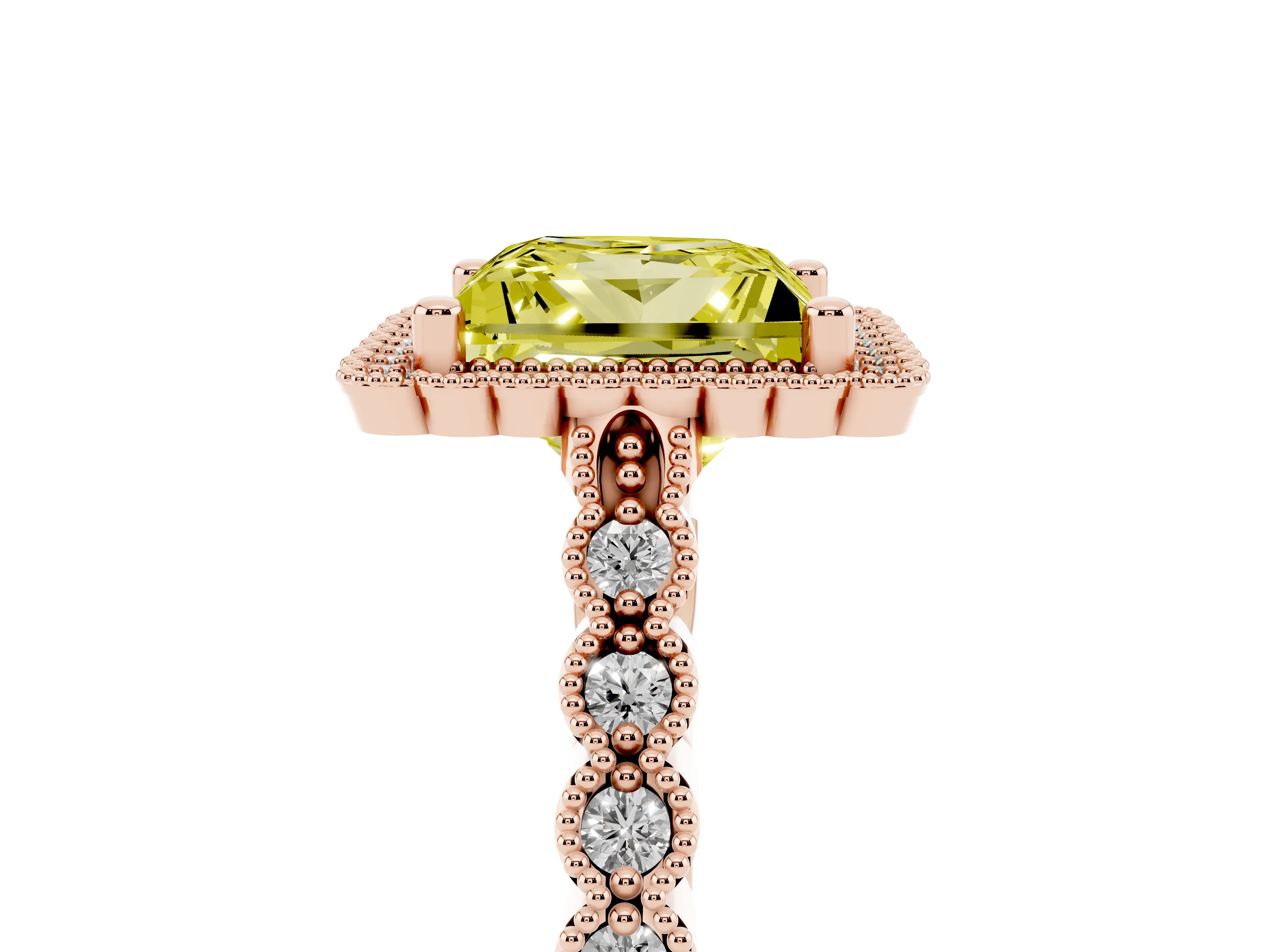 Fancy Yellow Princess Cut Diamond Halo Ring Set in Rose gold with Pavé Milgrain Band