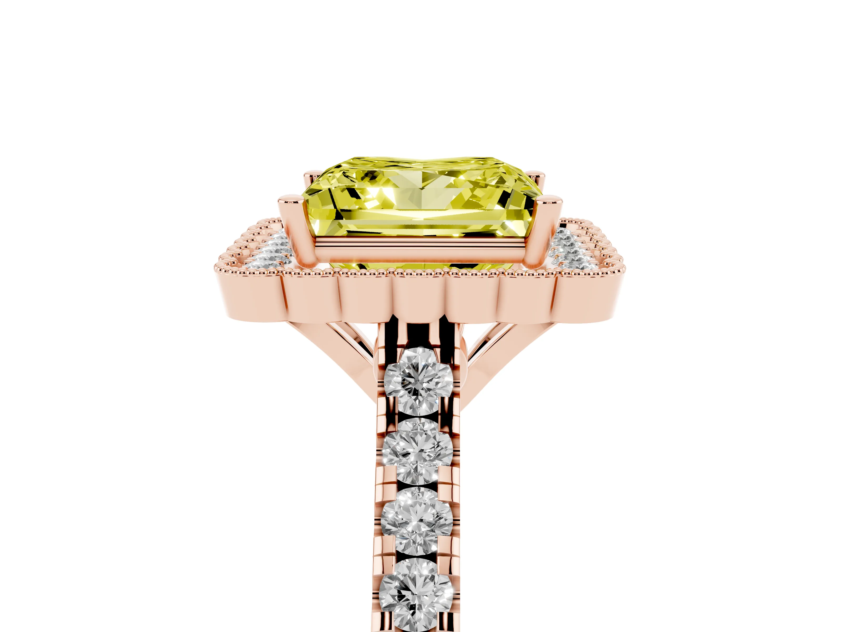 Fancy Yellow Princess Cut Diamond Milgrain Floral Halo Engagement Ring Set in Rose gold with Pavé Band