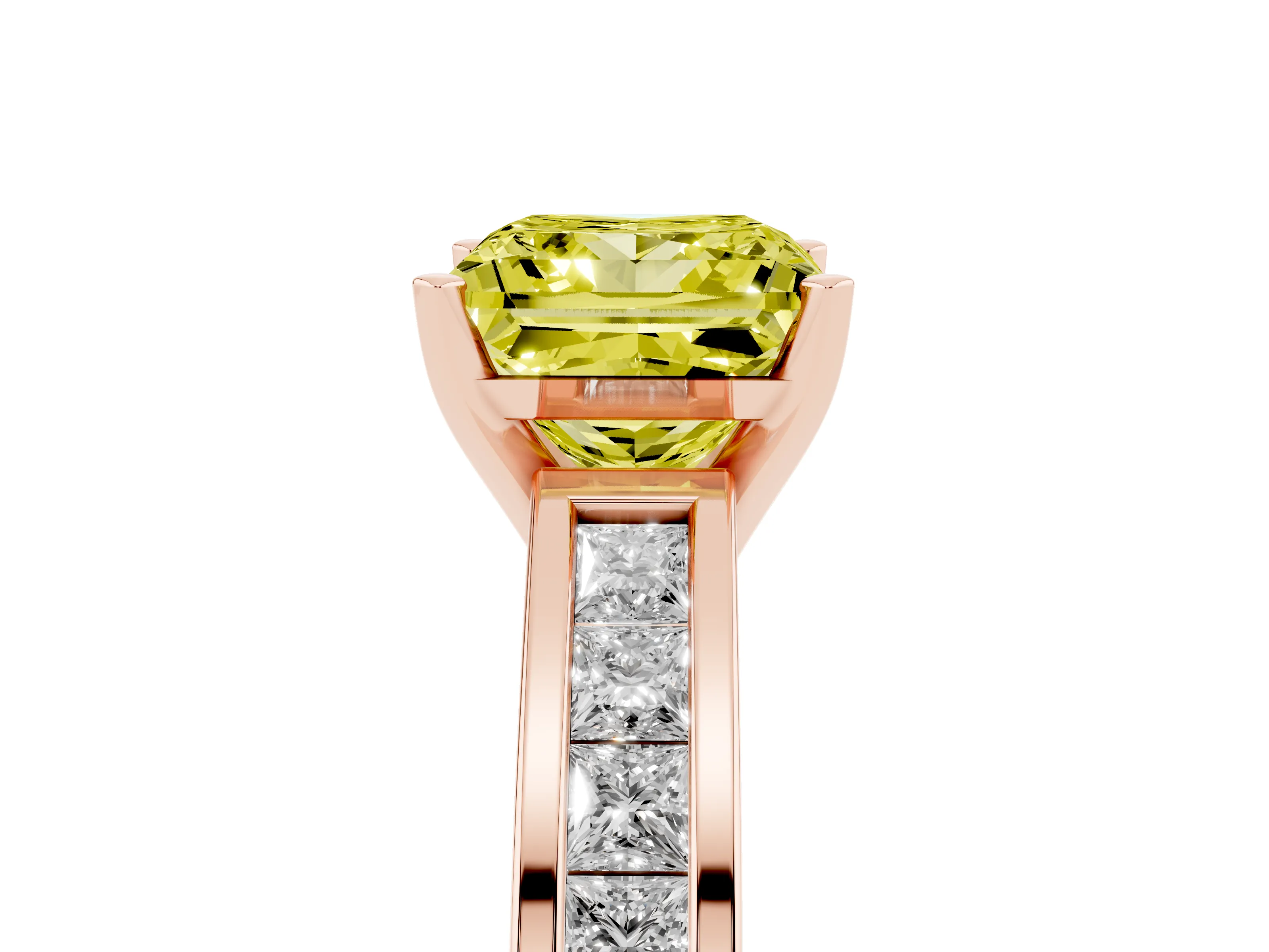 Fancy Yellow Princess Cut Diamond Solitaire Ring Set in Rose gold with Channel-Set Band and Prong Setting