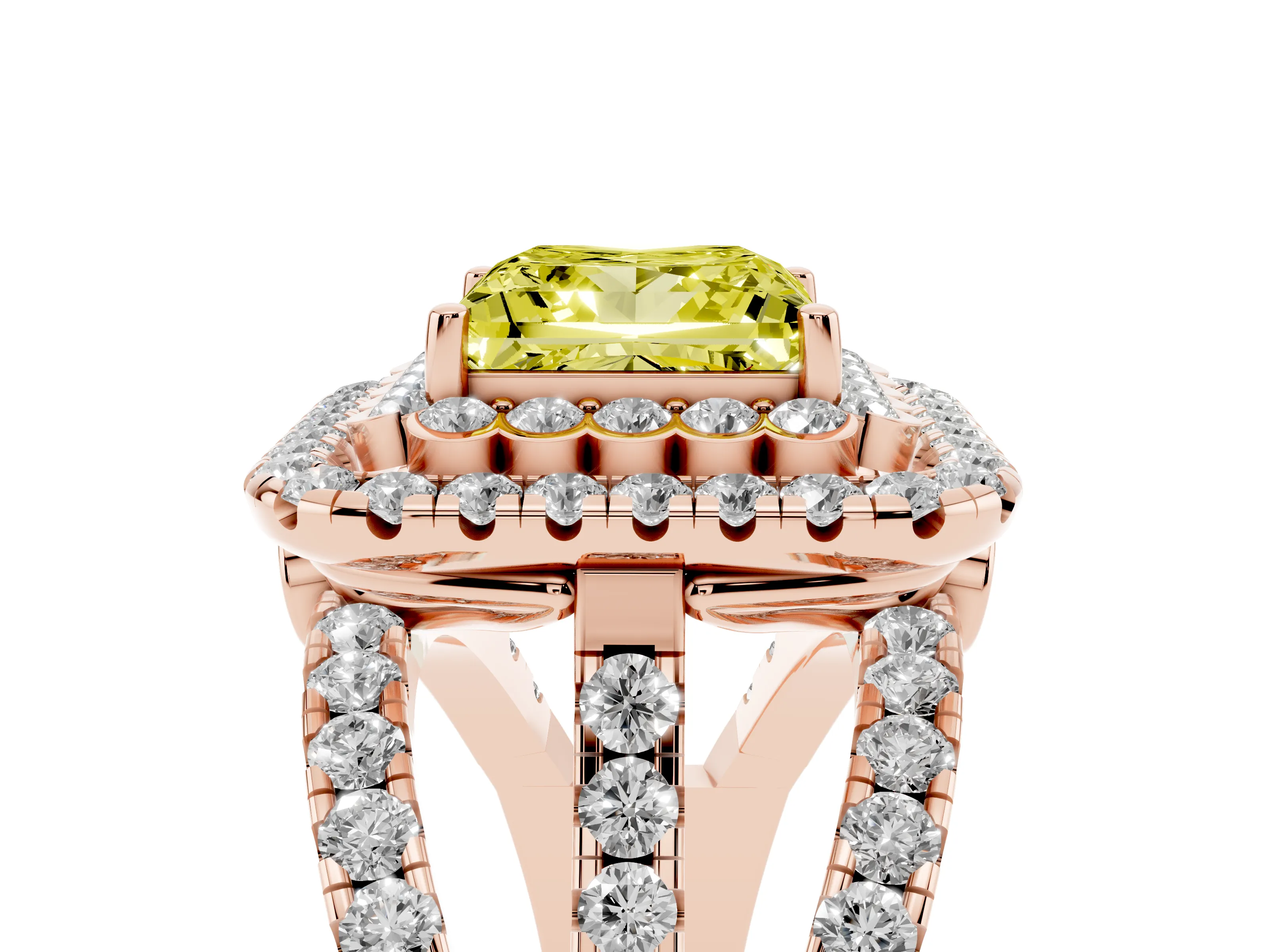 Fancy Yellow Princess Cut Diamond Double Halo Ring Set in Rose gold with Round Pavé Split Shank