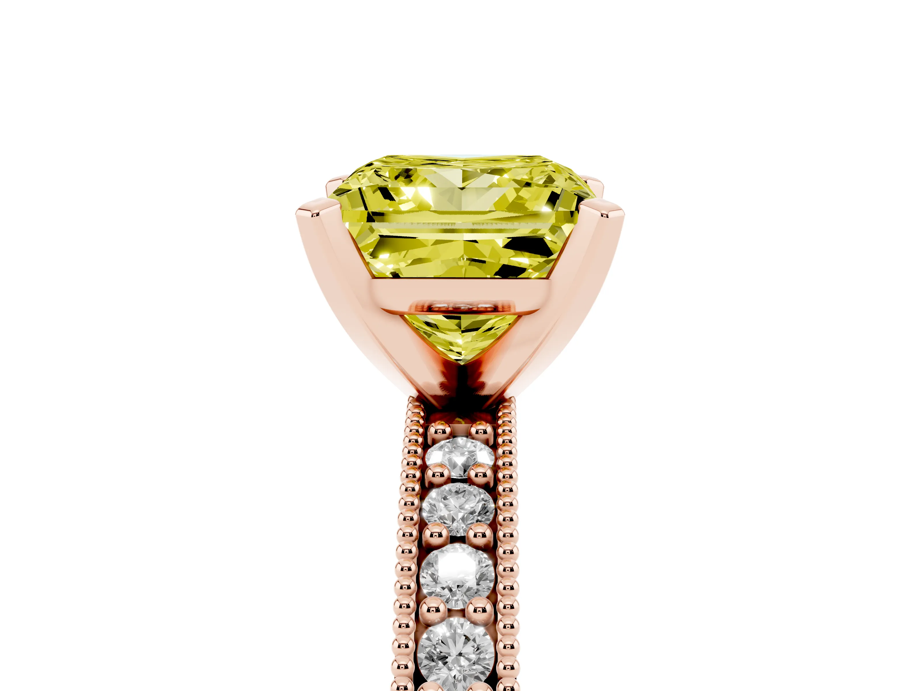 Fancy Yellow Princess Cut Diamond Milgrain Pavé Engagement Ring Set in Rose gold with Prong Setting