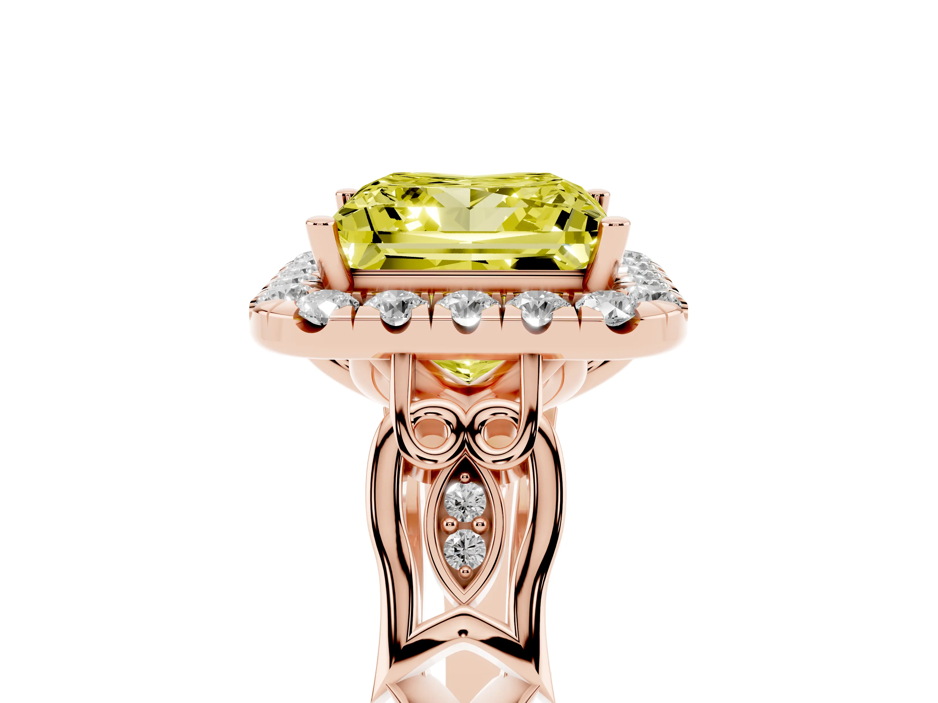 Fancy Yellow Princess Cut Diamond Halo Engagement Ring Set in Rose gold with Filigree Band and Prong-Set Center