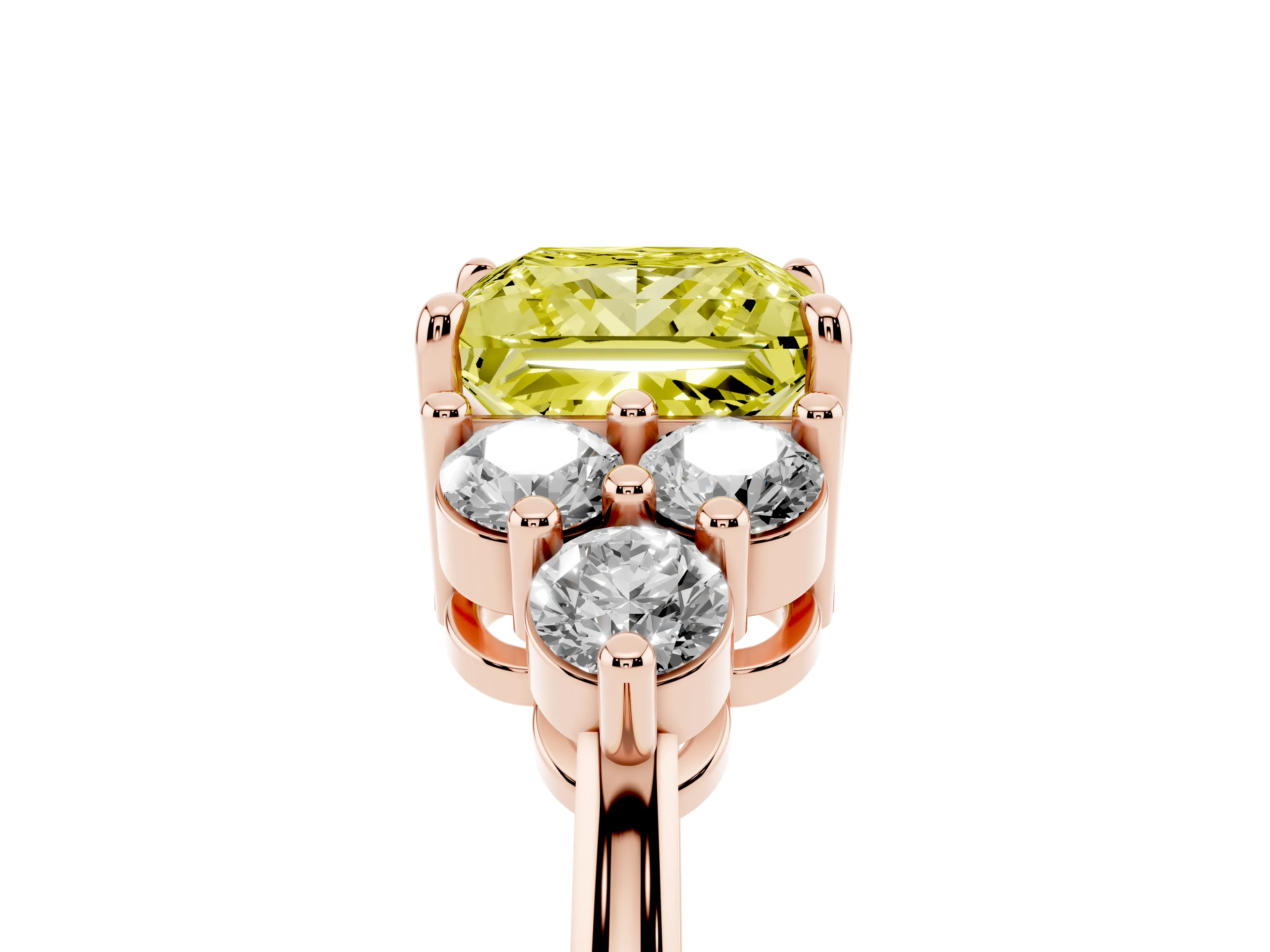 Fancy Yellow Princess Cut Diamond Solitaire Ring Set in Rose gold with Cluster Accents on Each Side