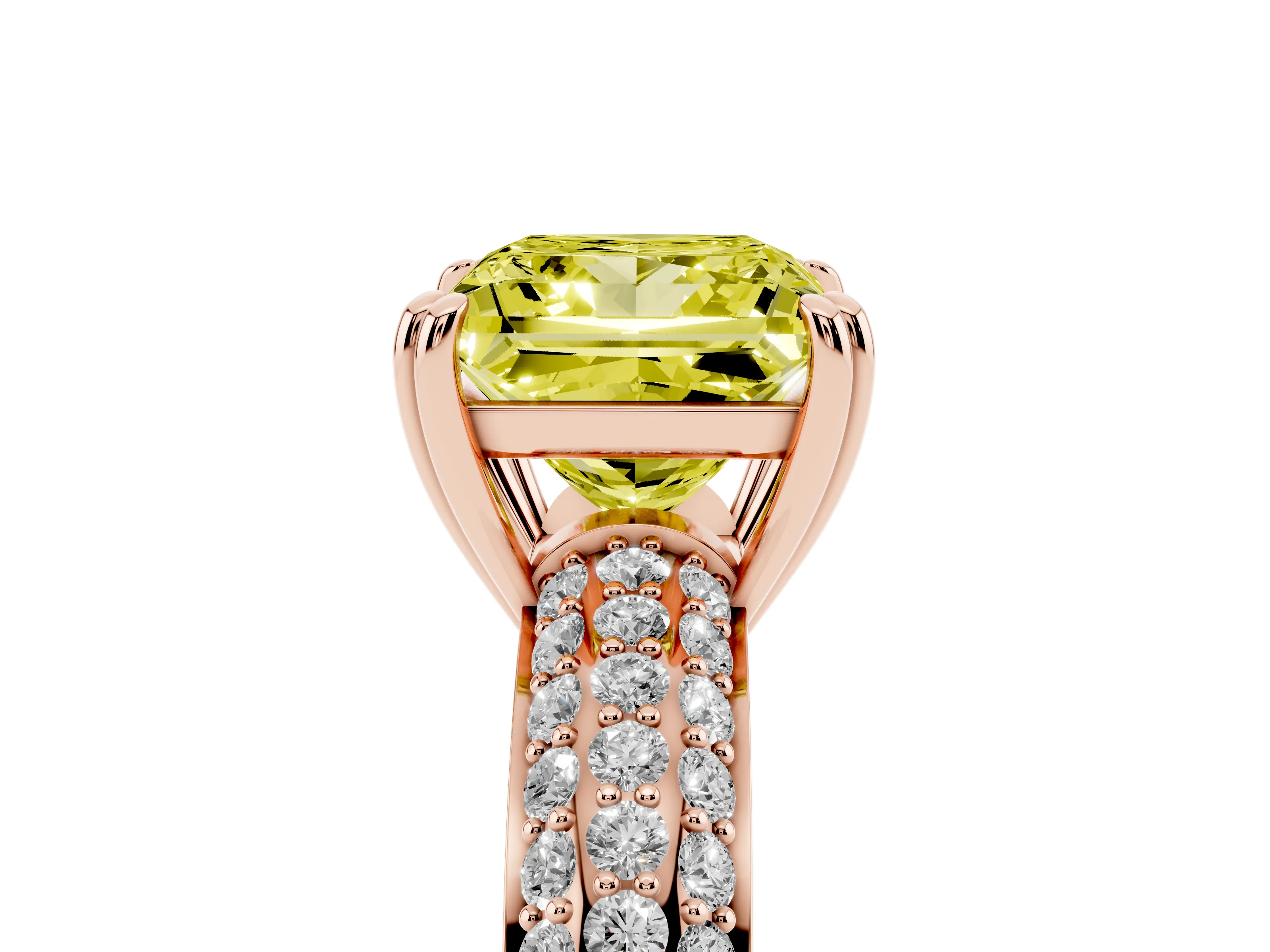 Fancy Yellow Princess Cut Diamond Solitaire Ring Set in Rose gold with Multi-Row Round Pavé Band and Prong Setting