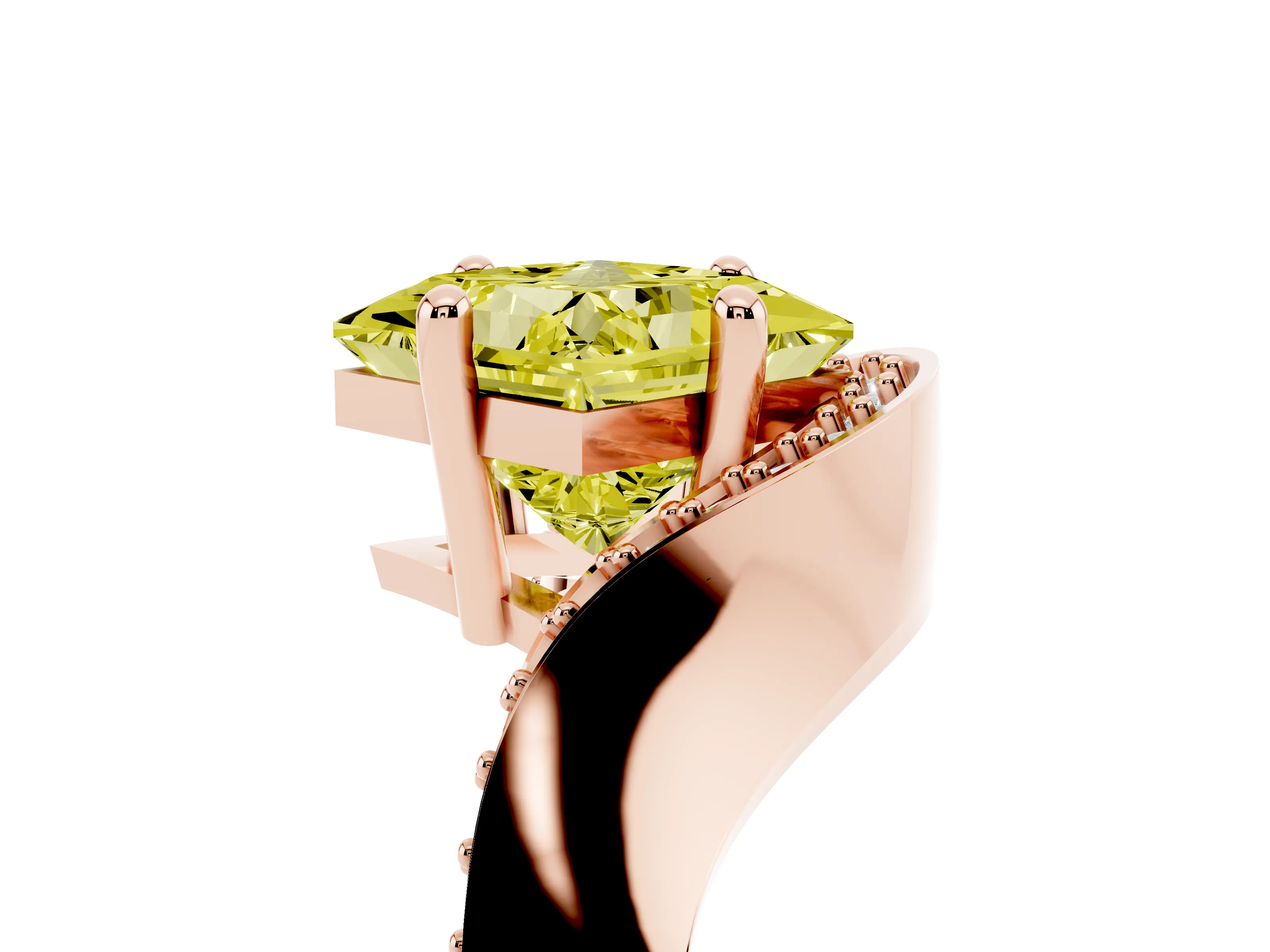 Fancy Yellow Princess Cut Diamond Solitaire Engagement Ring Set in Rose gold with Pavé Shoulders