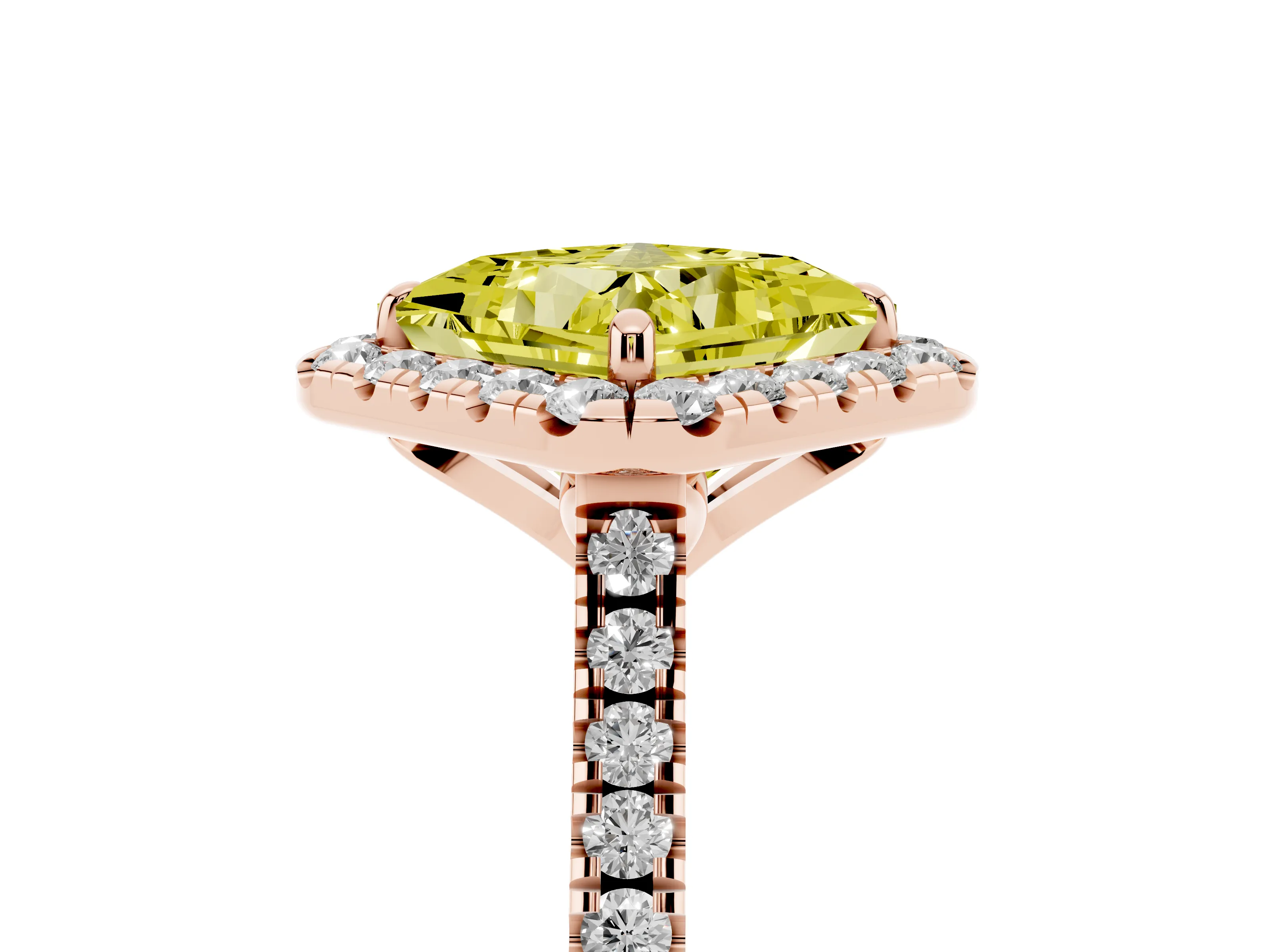 Fancy Yellow Princess Cut Diamond Cushion Halo Ring Set in Rose gold with Pavé Band
