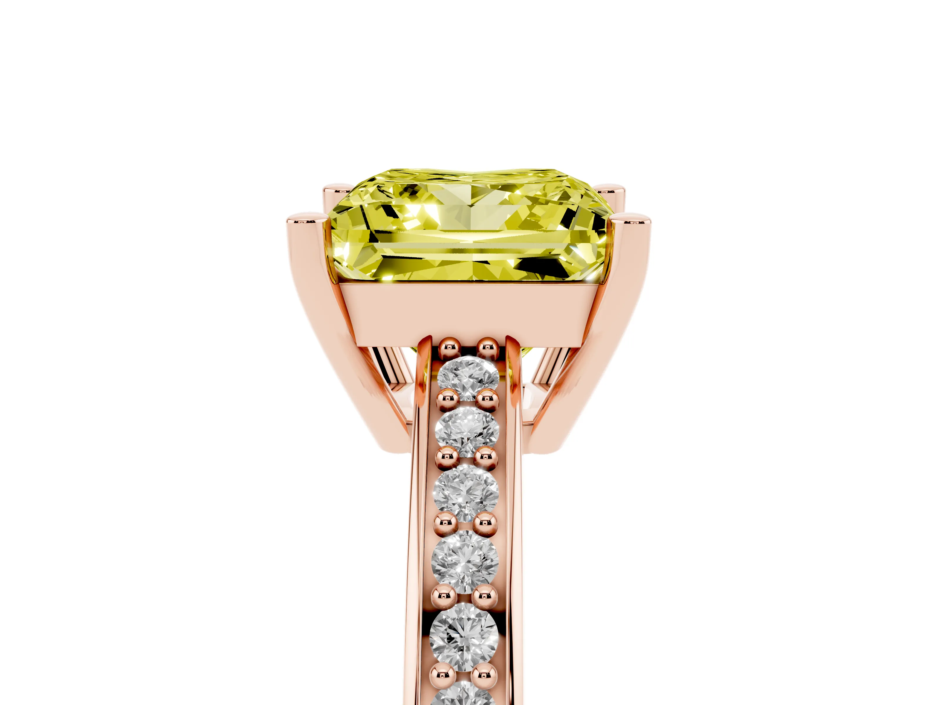 Fancy Yellow Princess Cut Diamond Pavé Band Prong Set Solitaire Ring Set in Rose gold