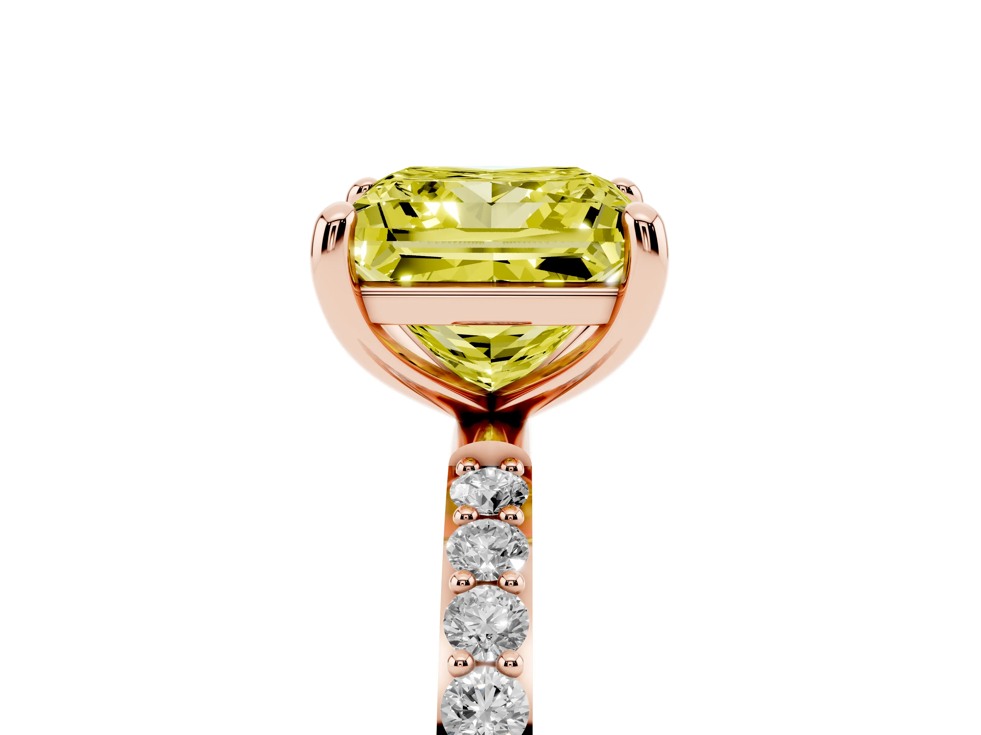 Fancy Yellow Princess Cut Diamond Solitaire Ring Set in Rose gold with Round Pavé Band and Prong Setting