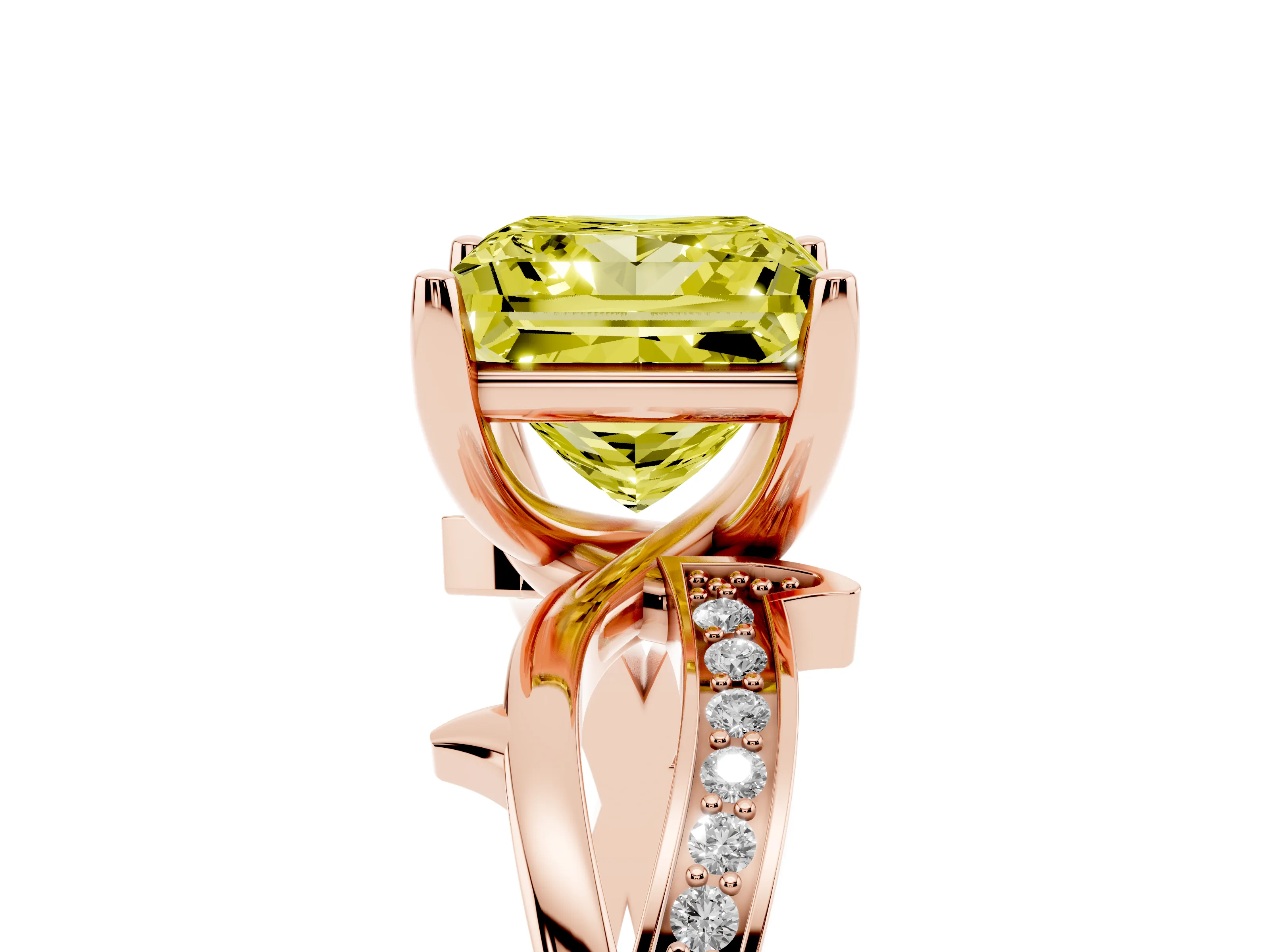 Fancy Yellow Princess Cut Diamond Pavé Twist Band Solitaire Ring Set in Rose gold with Prong Setting
