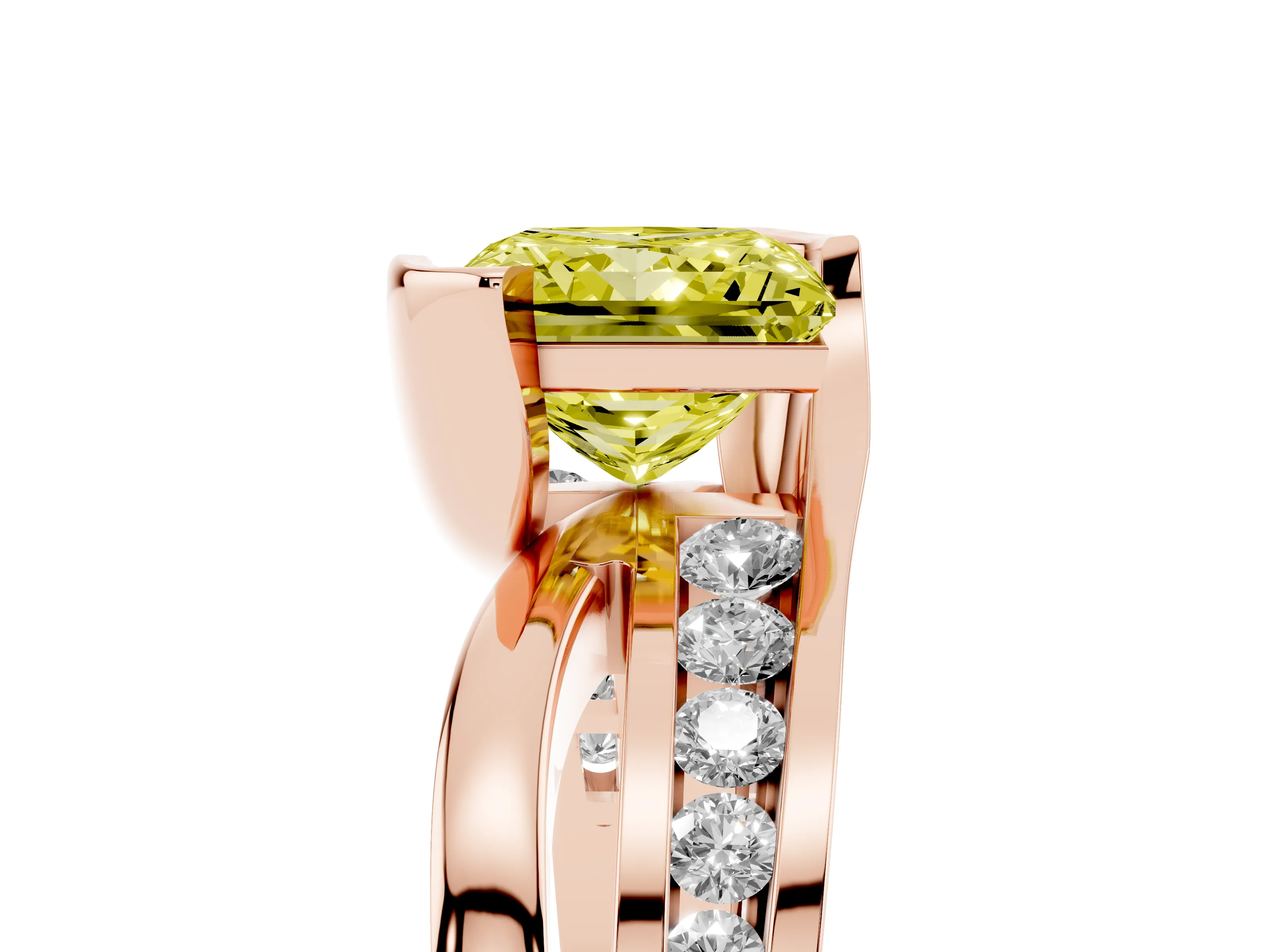 Fancy Yellow Princess Cut Diamond Solitaire Ring Set in Rose gold with Channel Set Split Shank and Tension Prongs