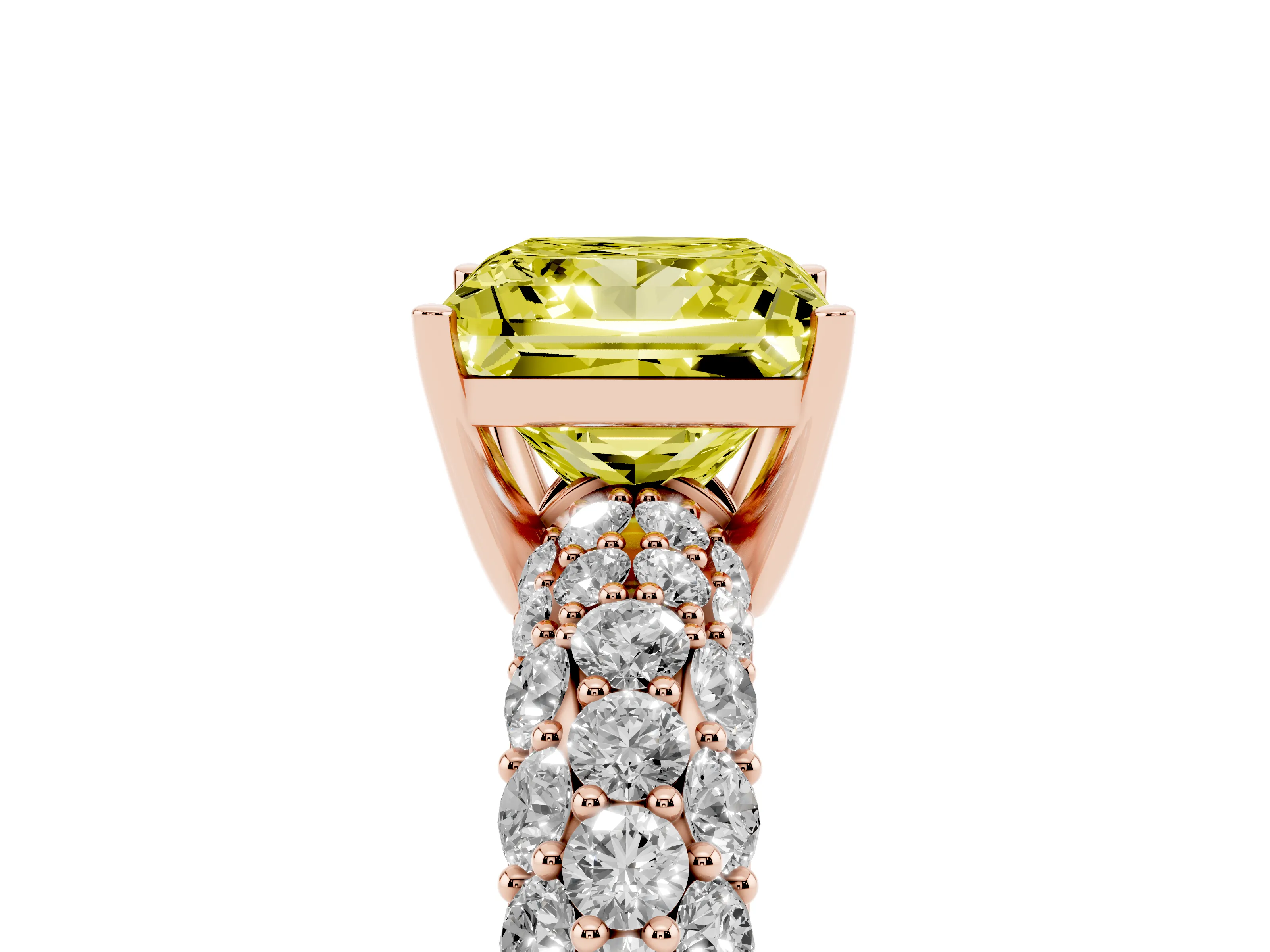 Fancy Yellow Princess Cut Diamond Pavé Band Solitaire Ring Set in Rose gold with Close-Set Accent Stones and Prong Setting