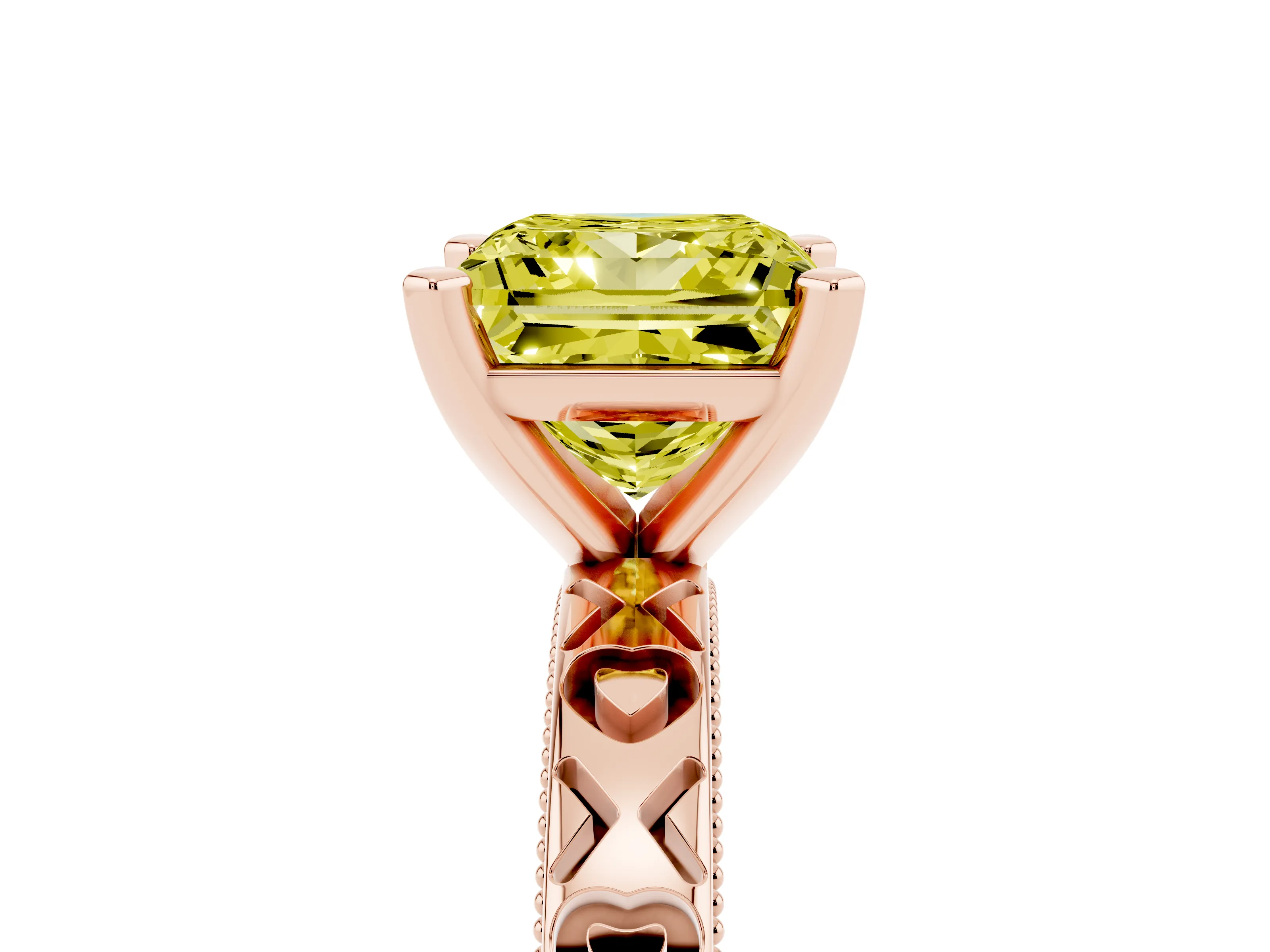 Fancy Yellow Princess Cut Diamond Solitaire Engagement Ring Set in Rose gold with XO Engraved Band and Prong Setting