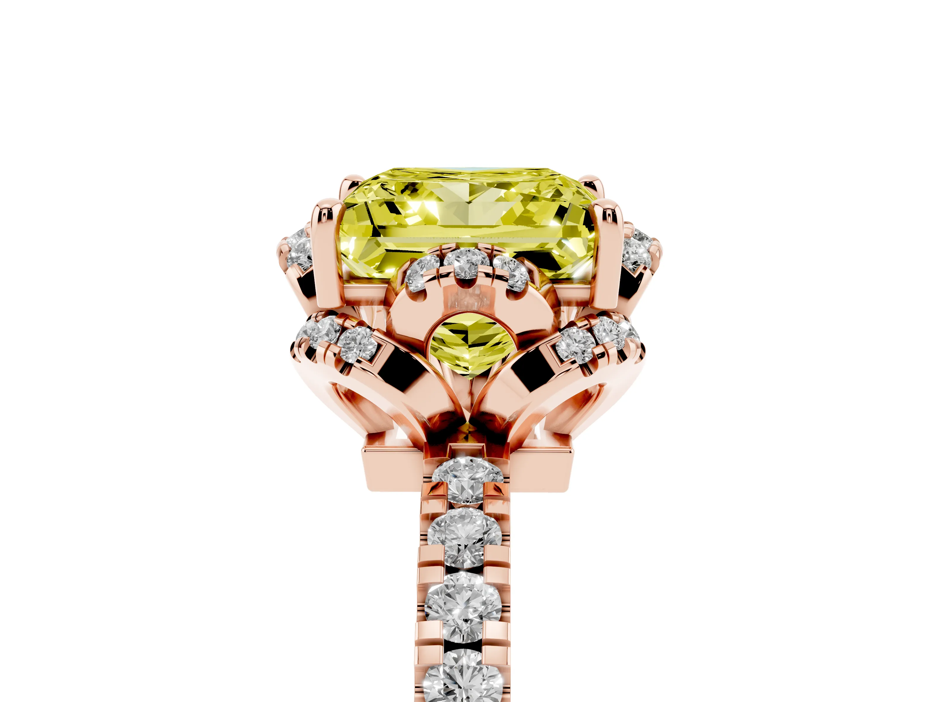 Fancy Yellow Princess Cut Diamond Halo Pavé Band Ring Set in Rose gold with Prong-Held Center