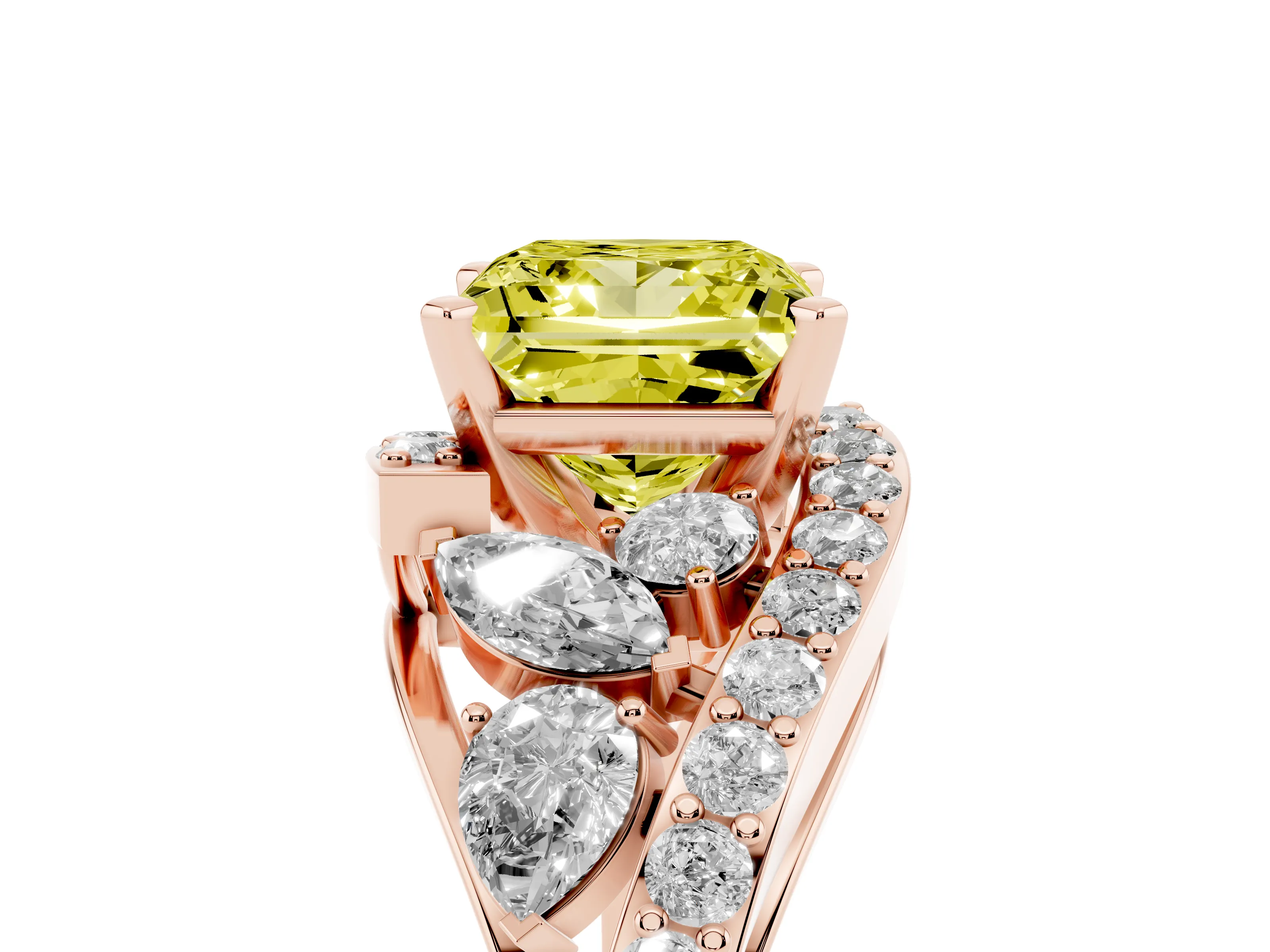 Fancy Yellow Princess Cut Diamond Halo Ring Set in Rose gold with Marquise and Pavé Band in Prong Setting