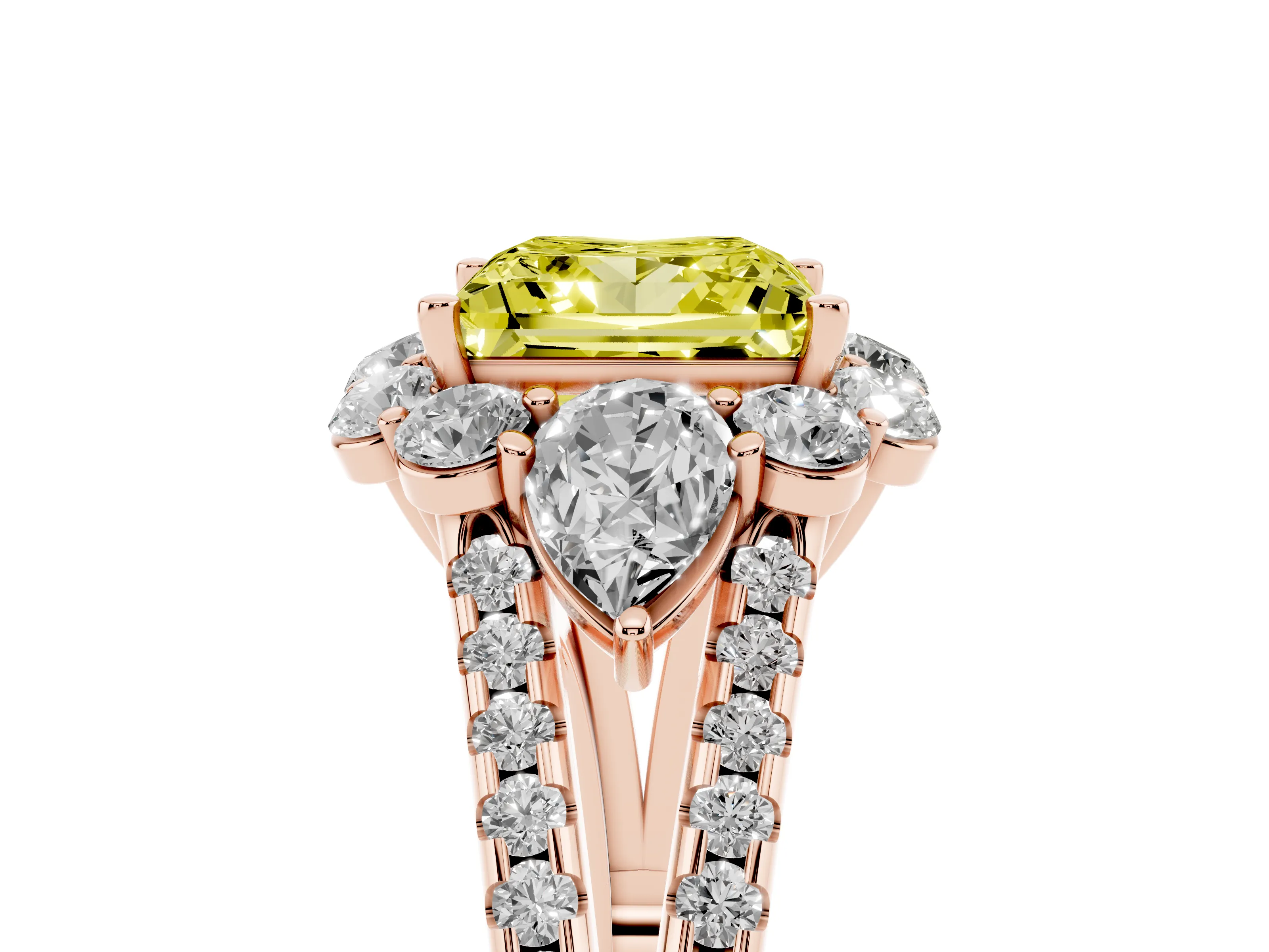 Fancy Yellow Princess Cut Diamond Halo Split Shank Engagement Ring Set in Rose gold with Prong-Held Center Stone