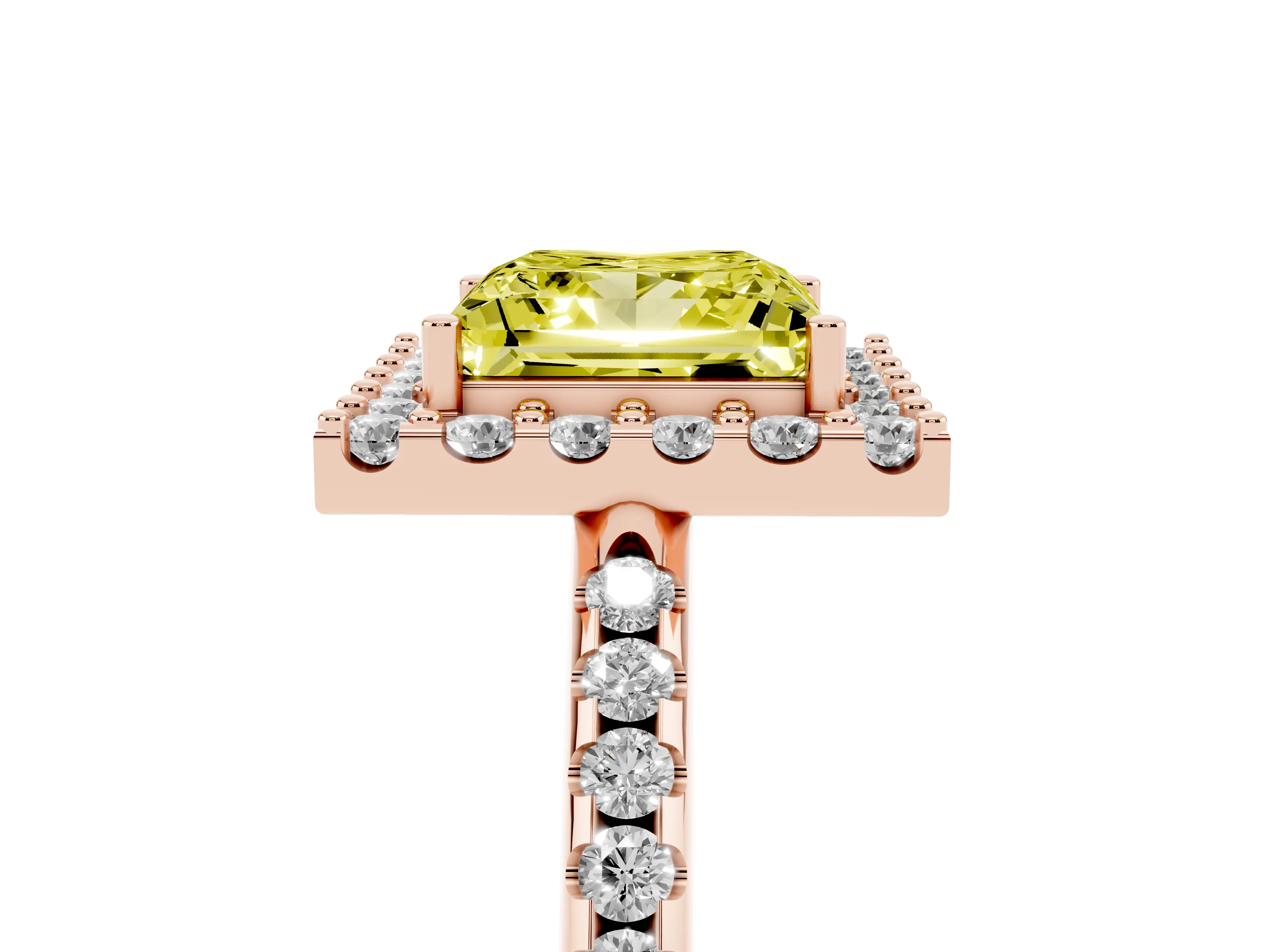 Fancy Yellow Princess Cut Diamond Pavé Halo Ring Set in Rose gold with Prong Setting