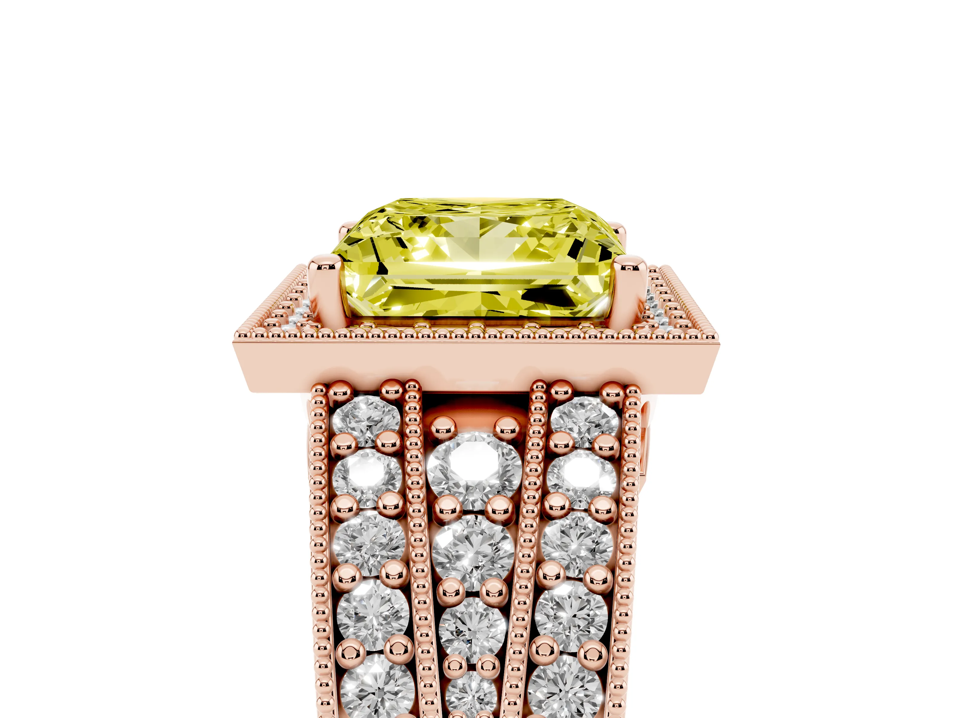 Fancy Yellow Princess Cut Diamond Halo Ring Set in Rose gold with Accent Split Shank and Prong Setting