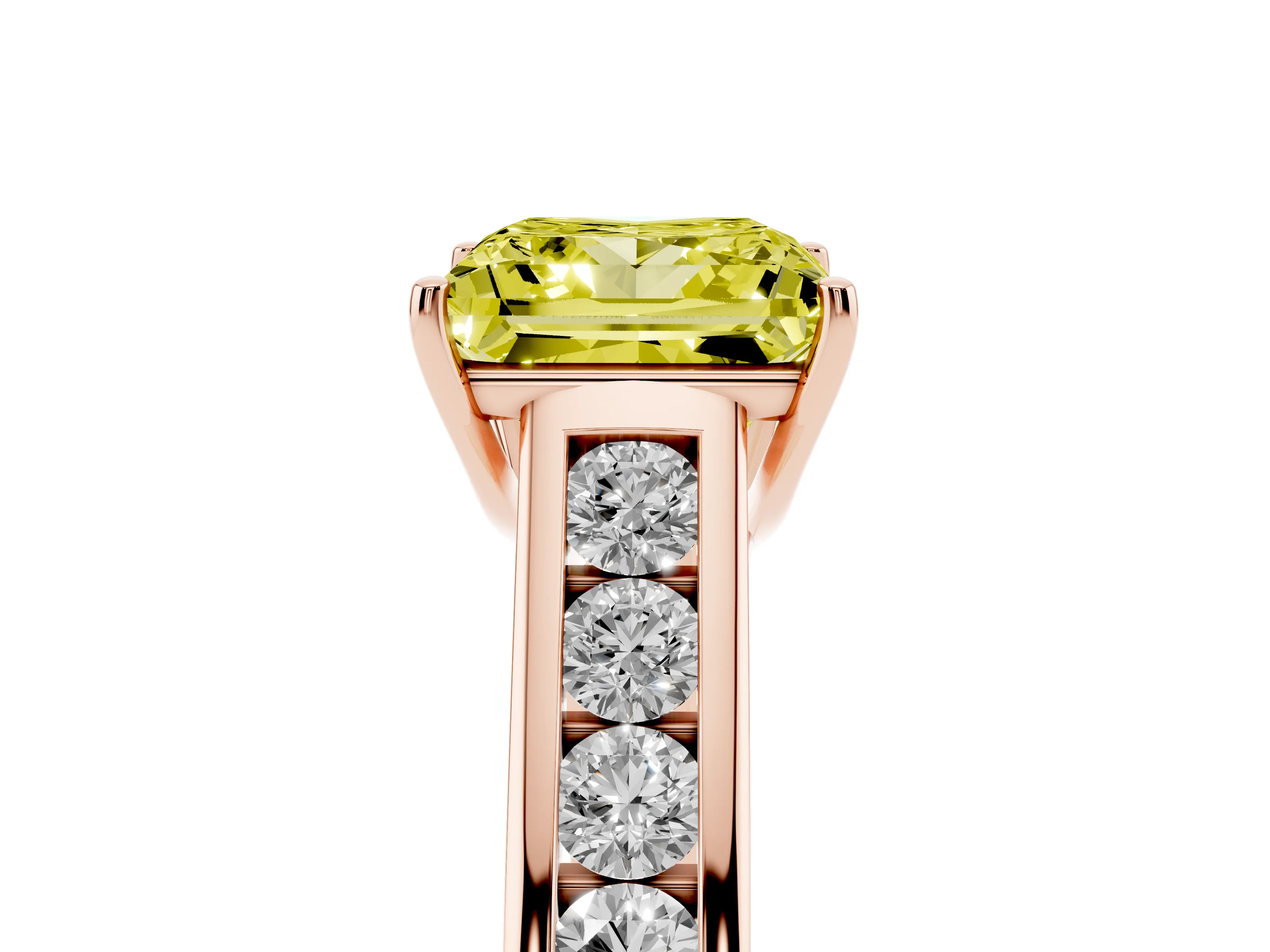 Fancy Yellow Princess Cut Diamond Solitaire Channel-Set Engagement Ring Set in Rose gold with Prong Setting