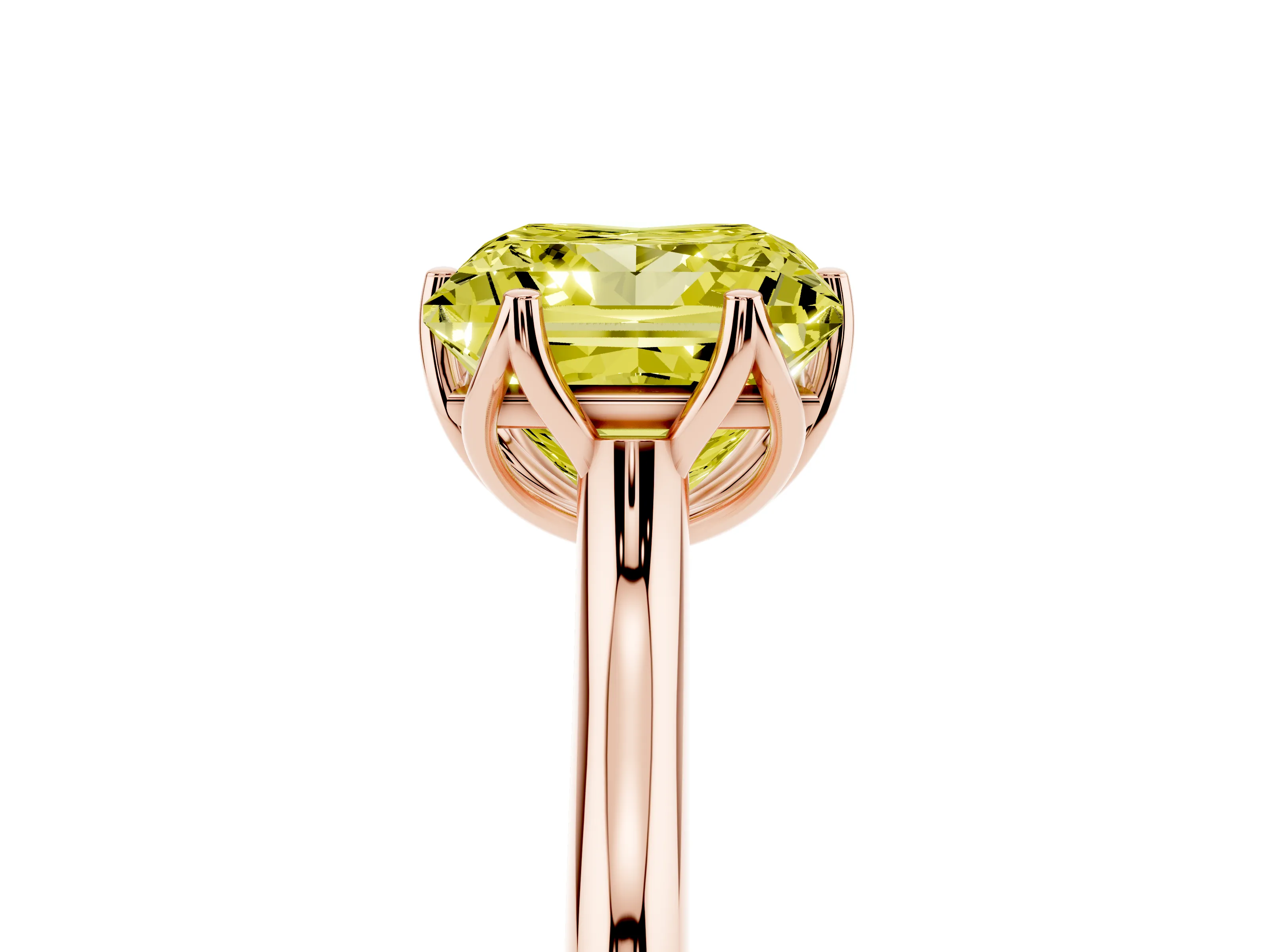 Fancy Yellow Princess Cut Diamond Solitaire Cathedral Ring Set in Rose gold with Prong Setting